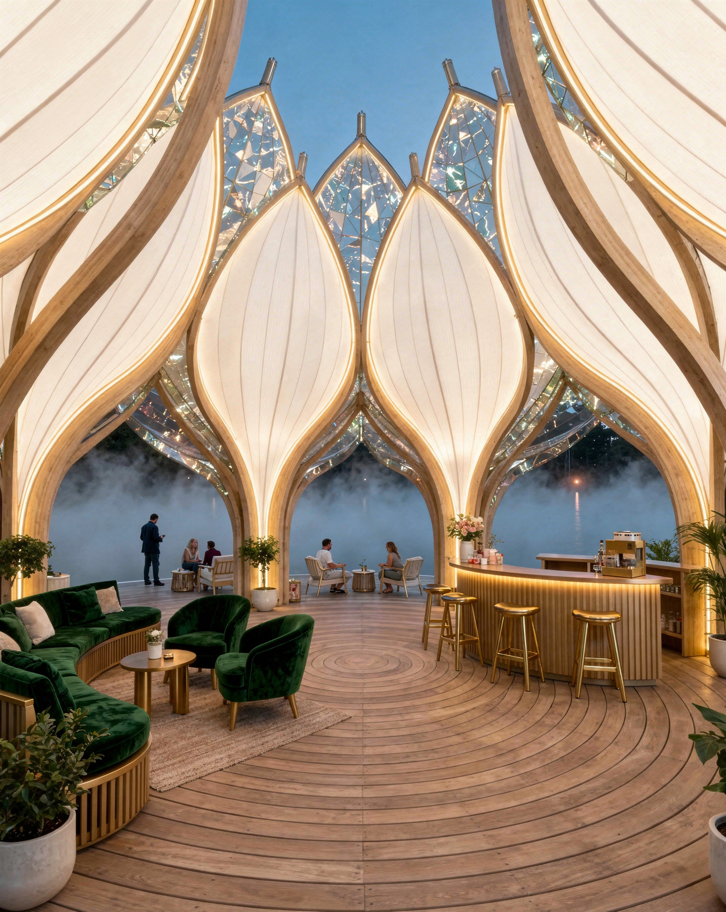 Deep green lounge inside lakeside lotus pavilion — flux-2-pro