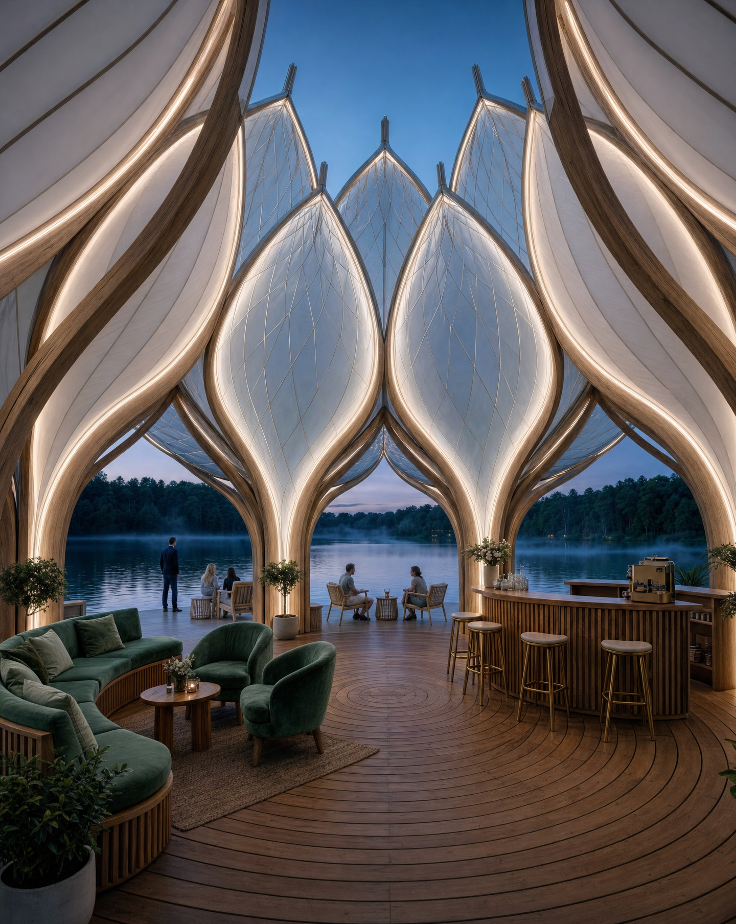 Deep green lounge inside lakeside lotus pavilion