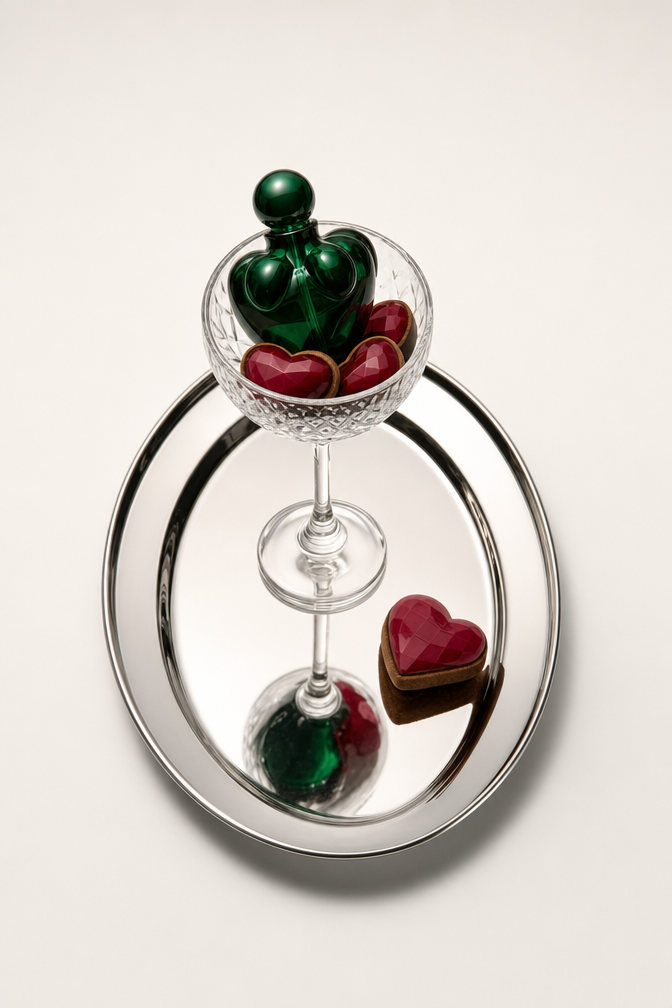 Deep green perfume bottle with heart chocolates