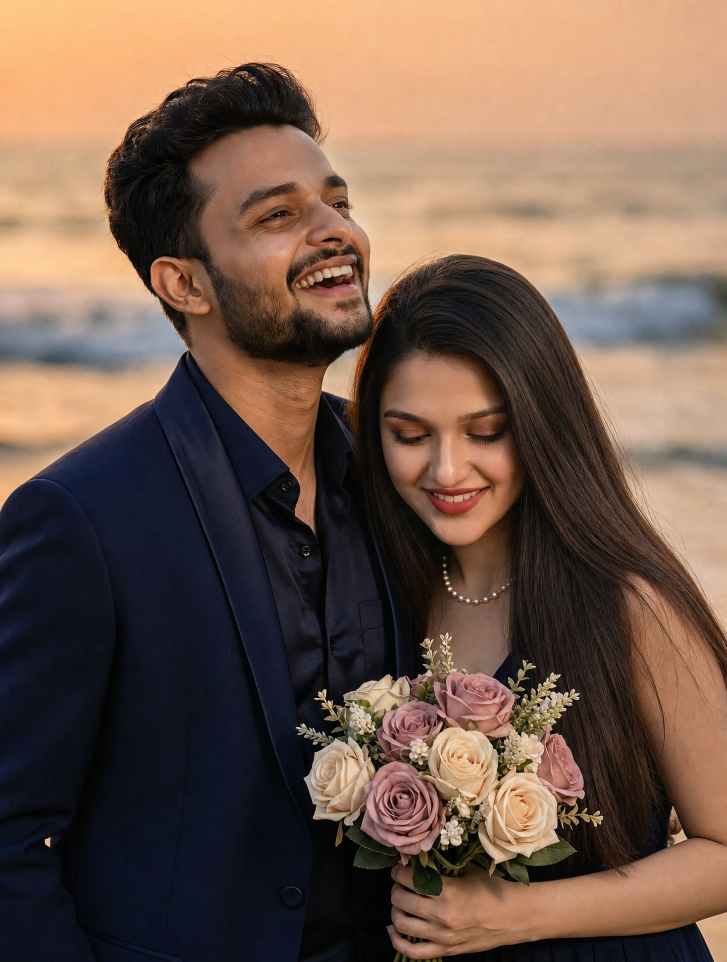 Deep navy-suited man smiling with pink rose bouquet