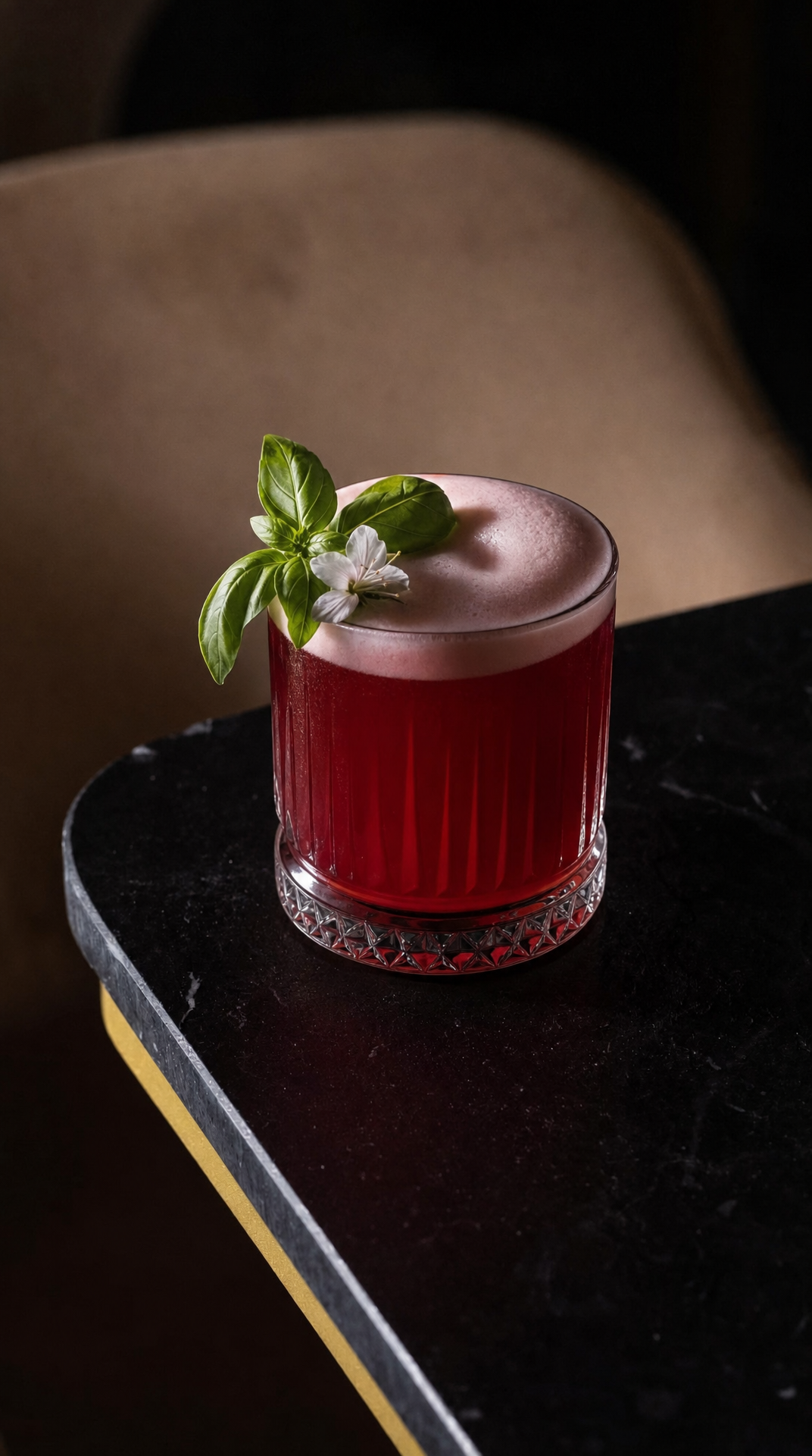 Deep-rose Cocktail with Basil and White Flower Foam