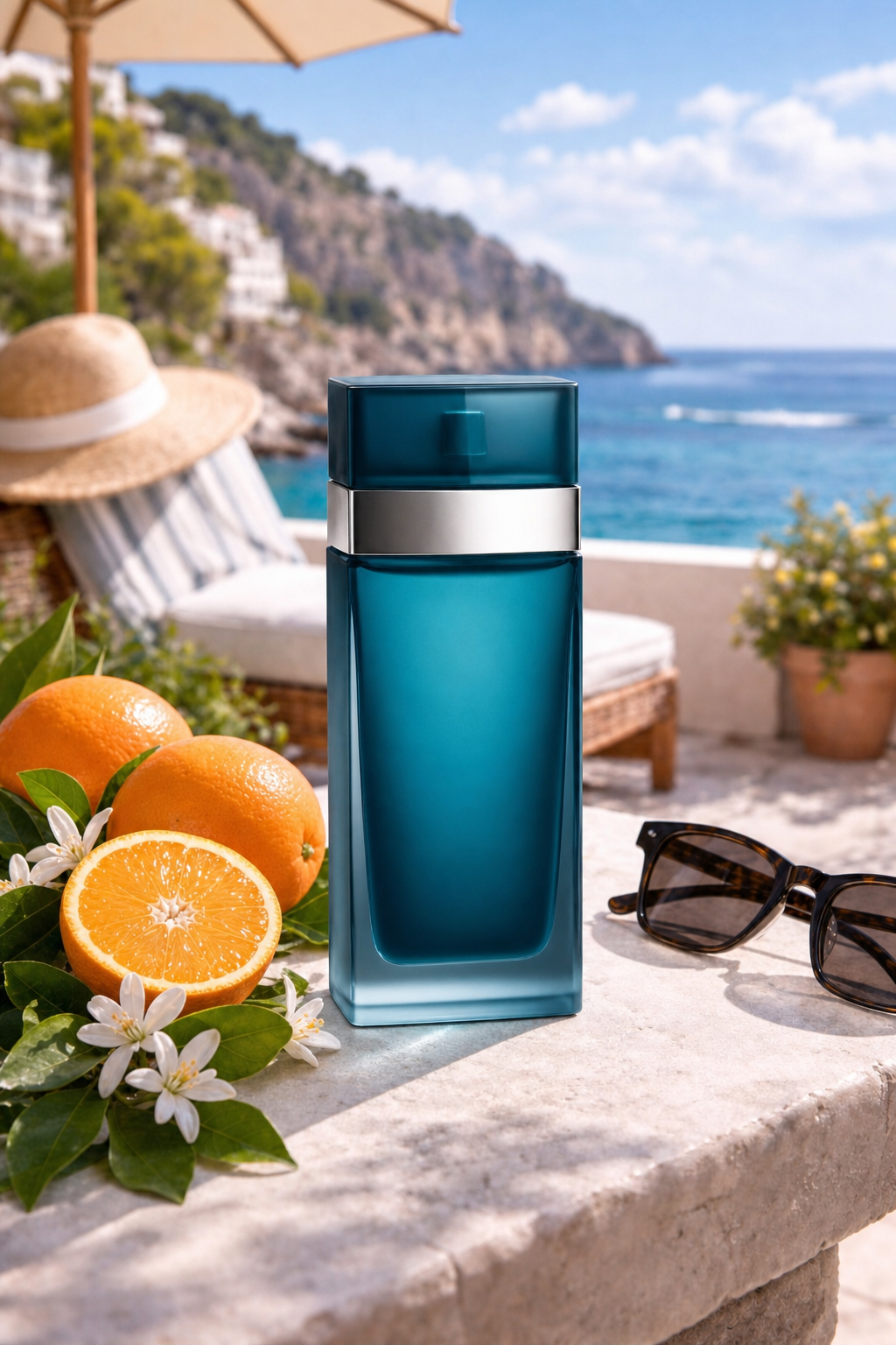 Deep teal perfume bottle with orange accents
