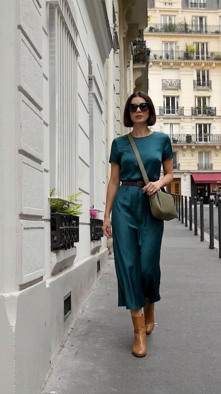 Deep teal street style in Europe
