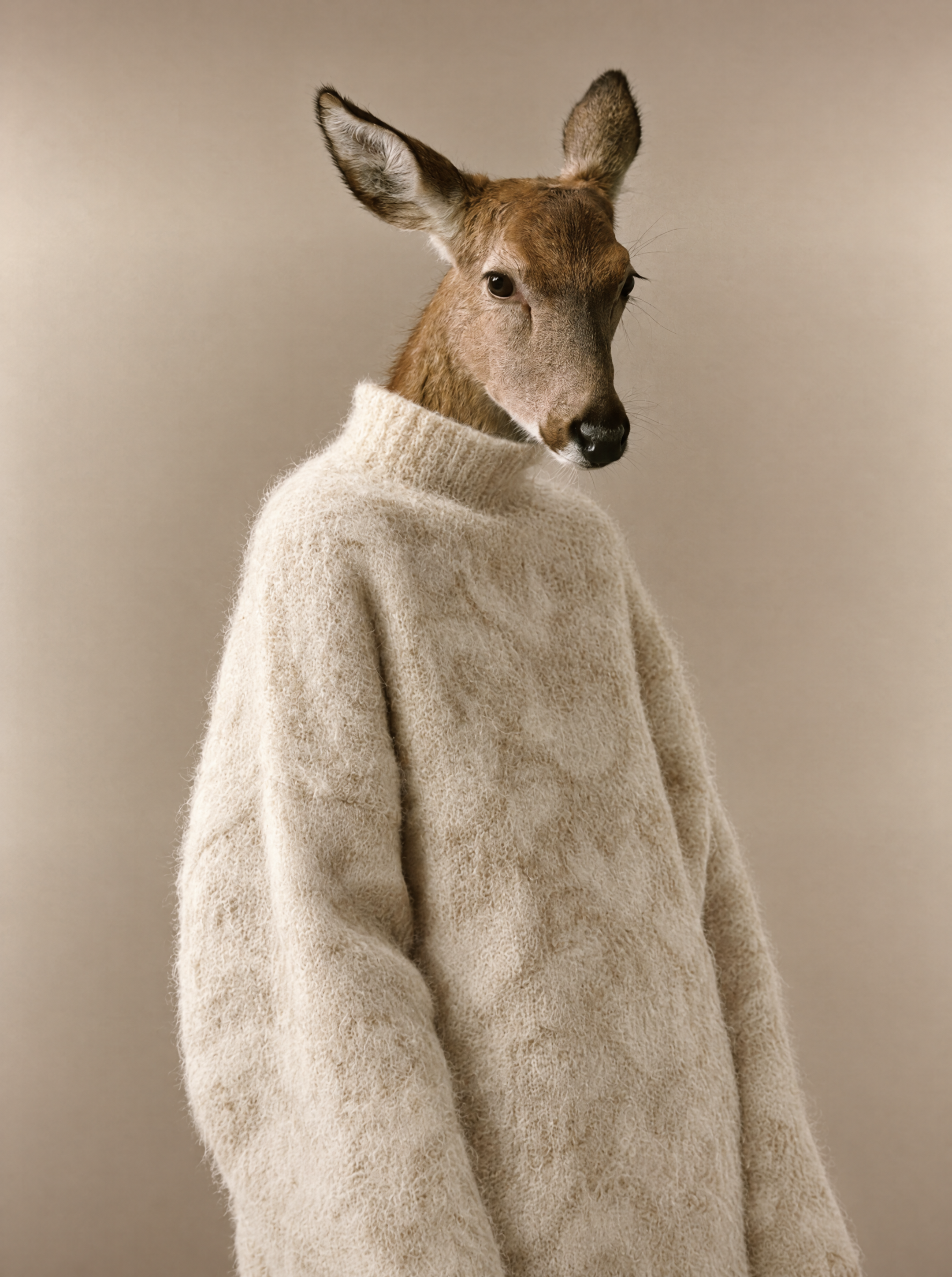 Deer in oversized cream fuzzy knit sweater