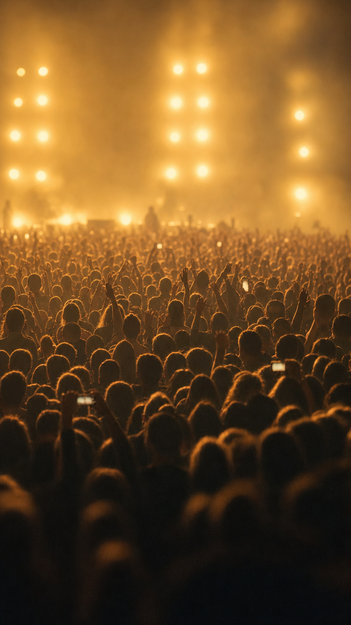 Dense Concert Crowd With Raised Arms, Amber Haze