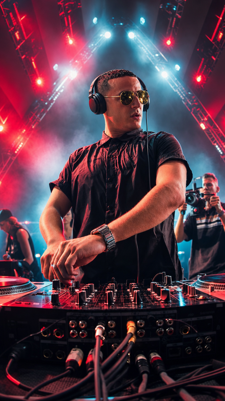 DJ in neon haze at low angle