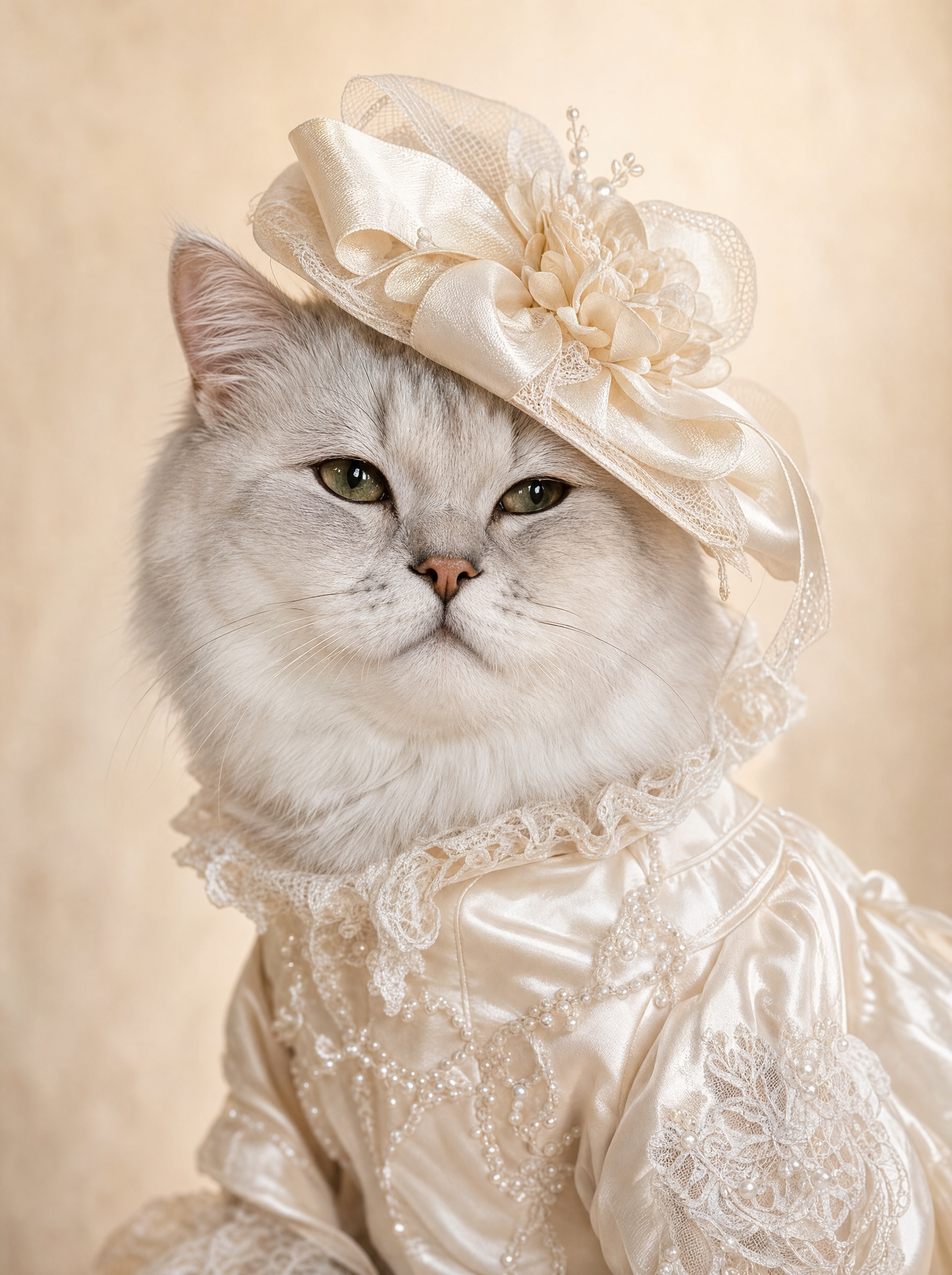 Elegant Cat in Pearl Satin Victorian Dress