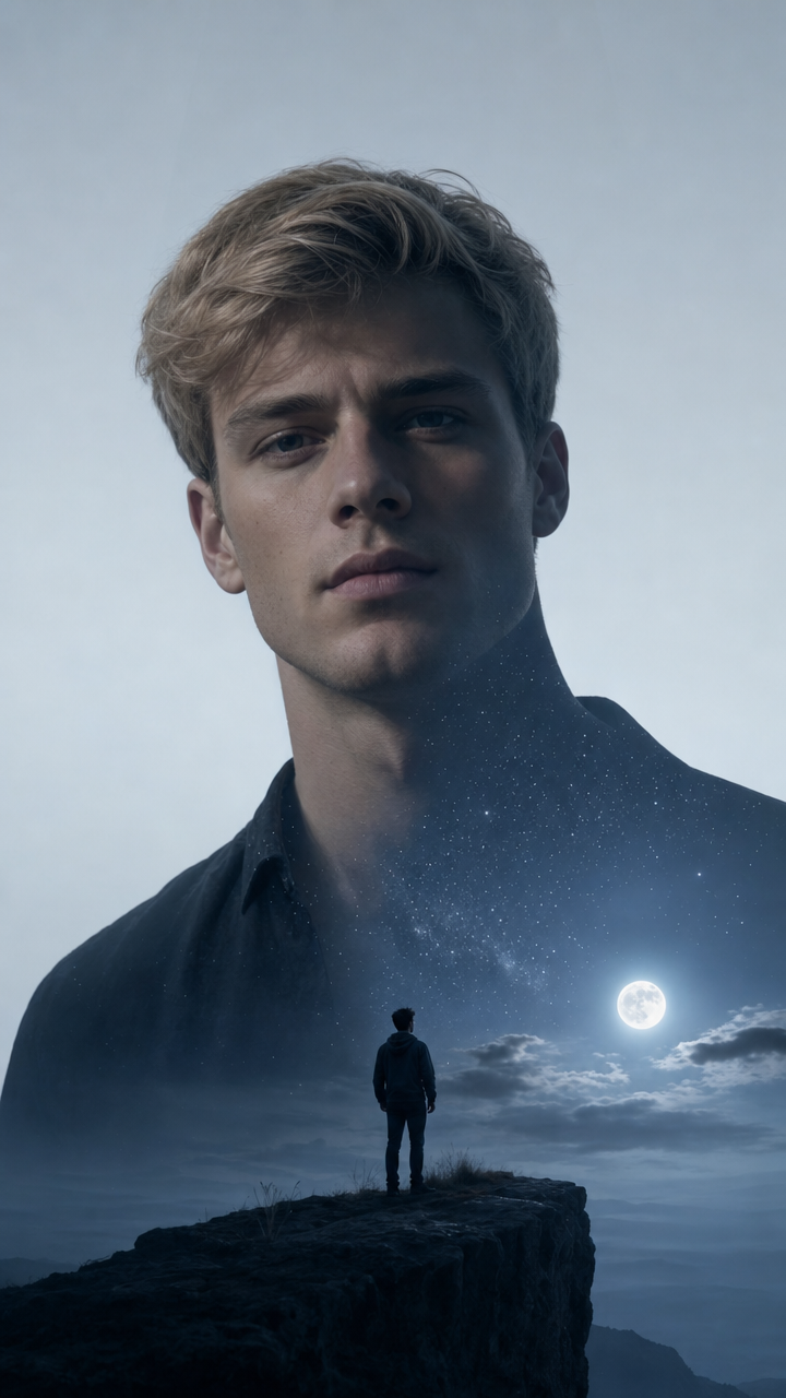 Man's Profile Merged with Starlit Solitude