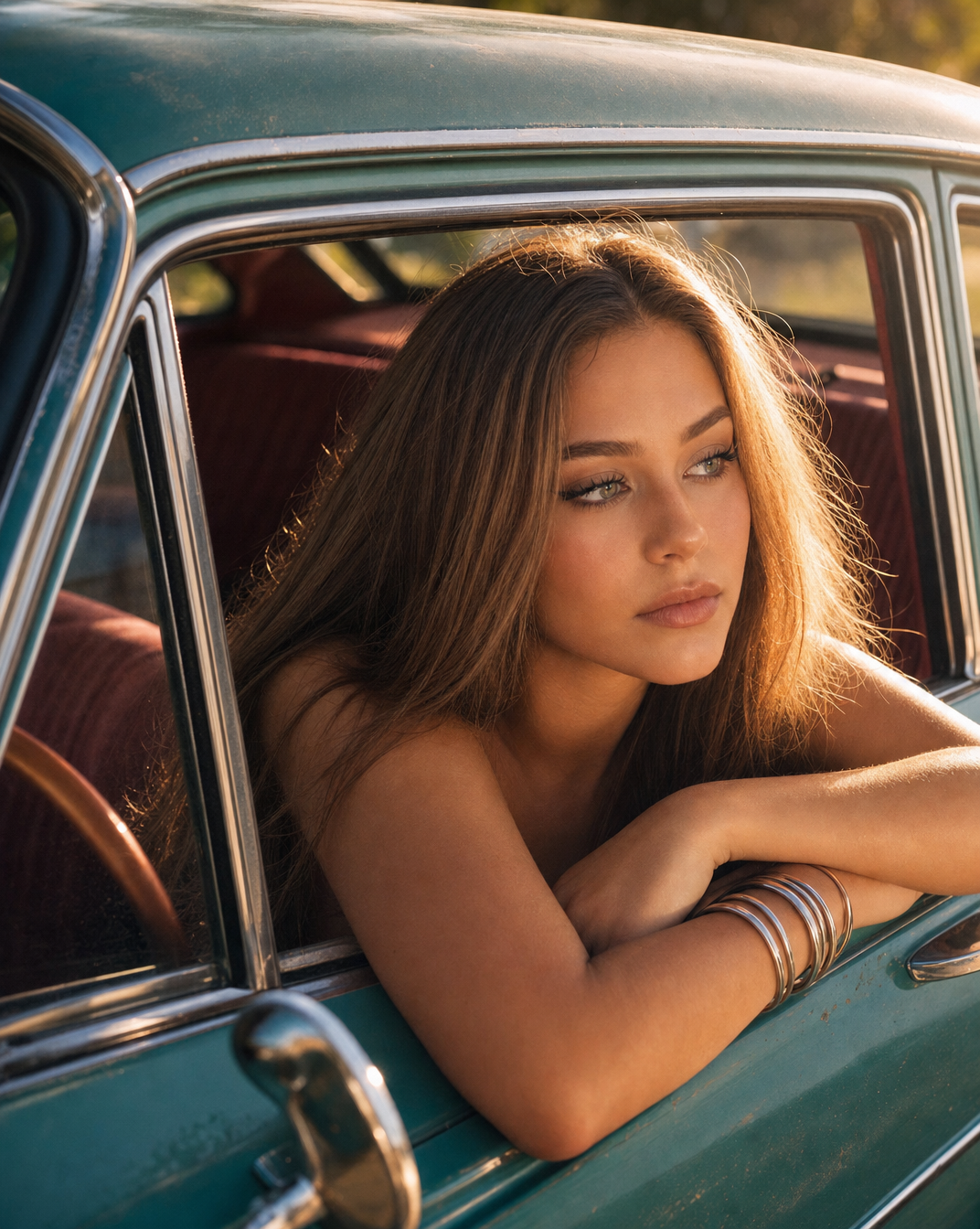 Dreamy portrait beside a vintage teal car