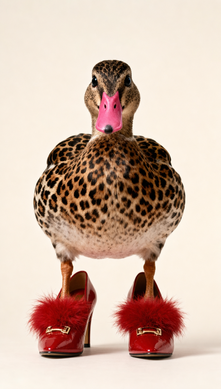 Duck in red high heels with gold buckles