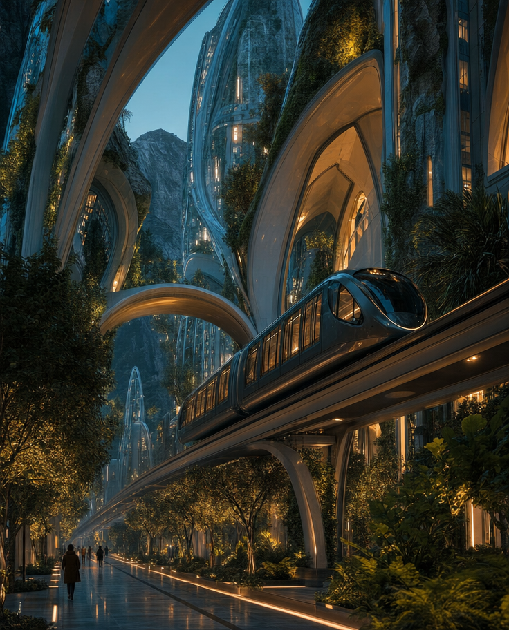 Dusk Monorail Through Lush Glass City