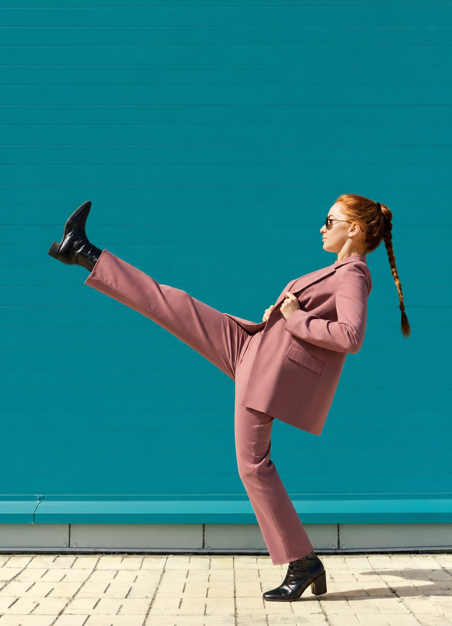 Dusty-rose suit woman kicks beside teal