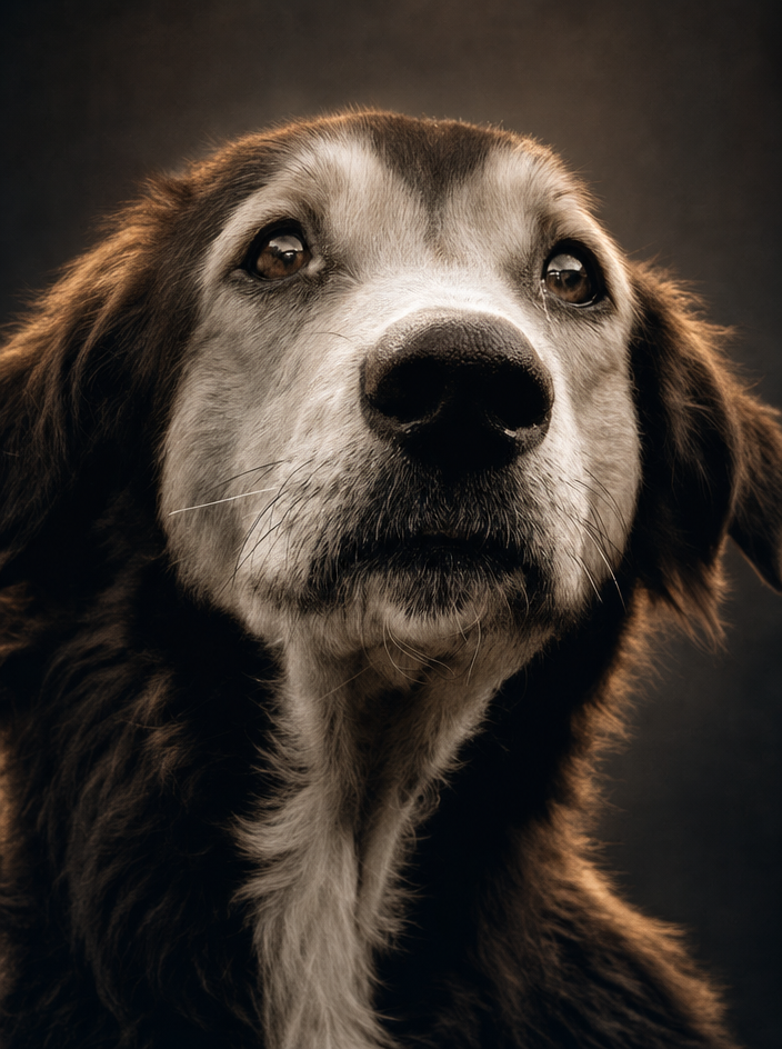 Elderly black and white dog with warm rim light
