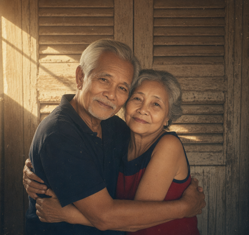 Elderly Couple Embracing in Golden Afternoon Light