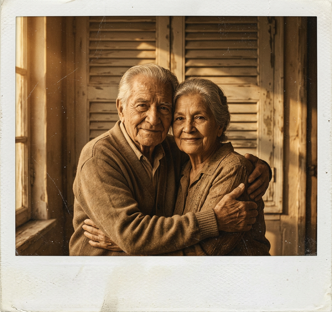 Elderly Couple Embracing in Golden Afternoon Light