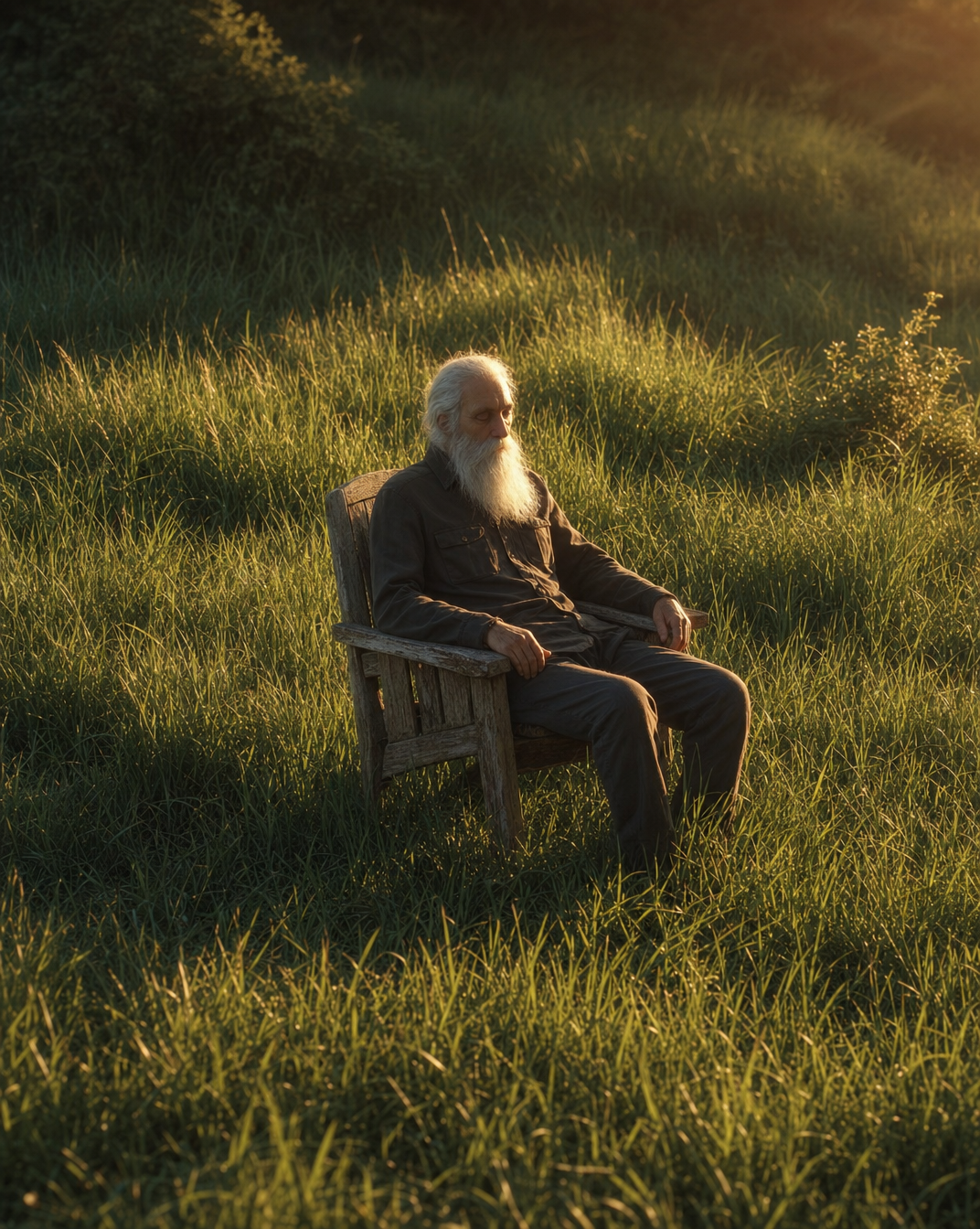 Elderly Man Reflects in Golden Meadow
