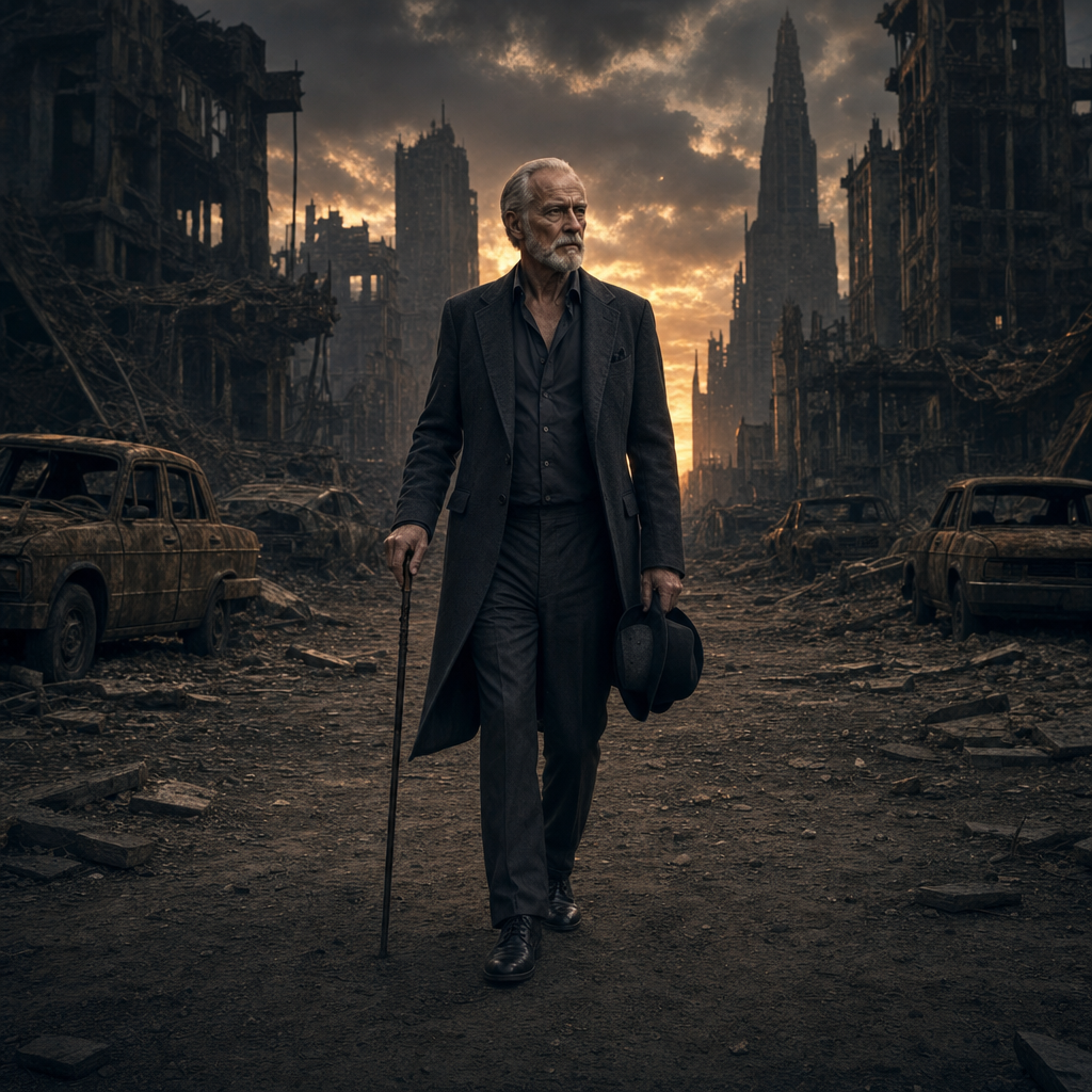 Elderly man with cane, charcoal suit in ruins
