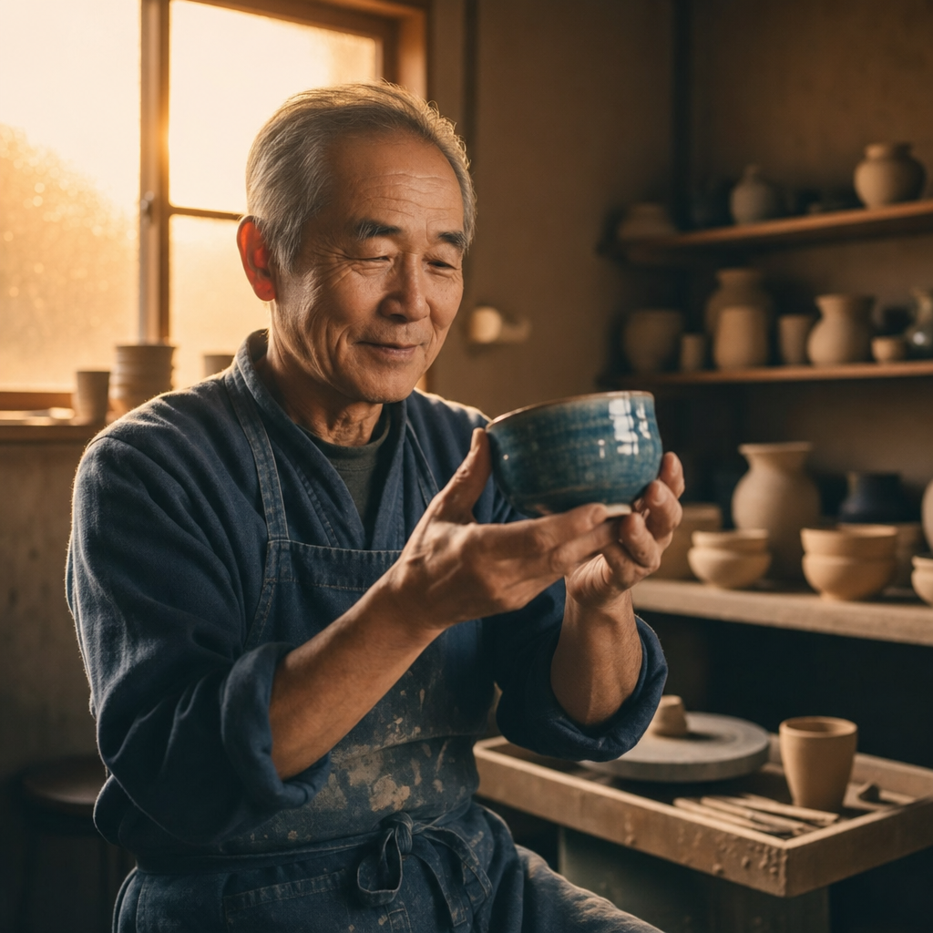 Elderly potter admires a glazed bowl