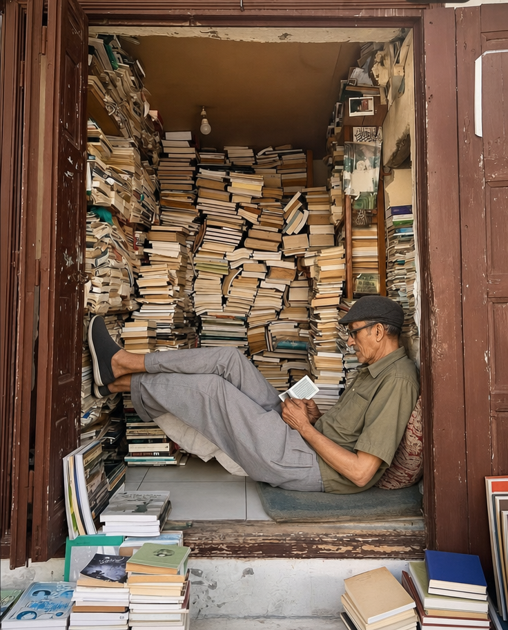 Elderly Reader Reclines in Bookshop