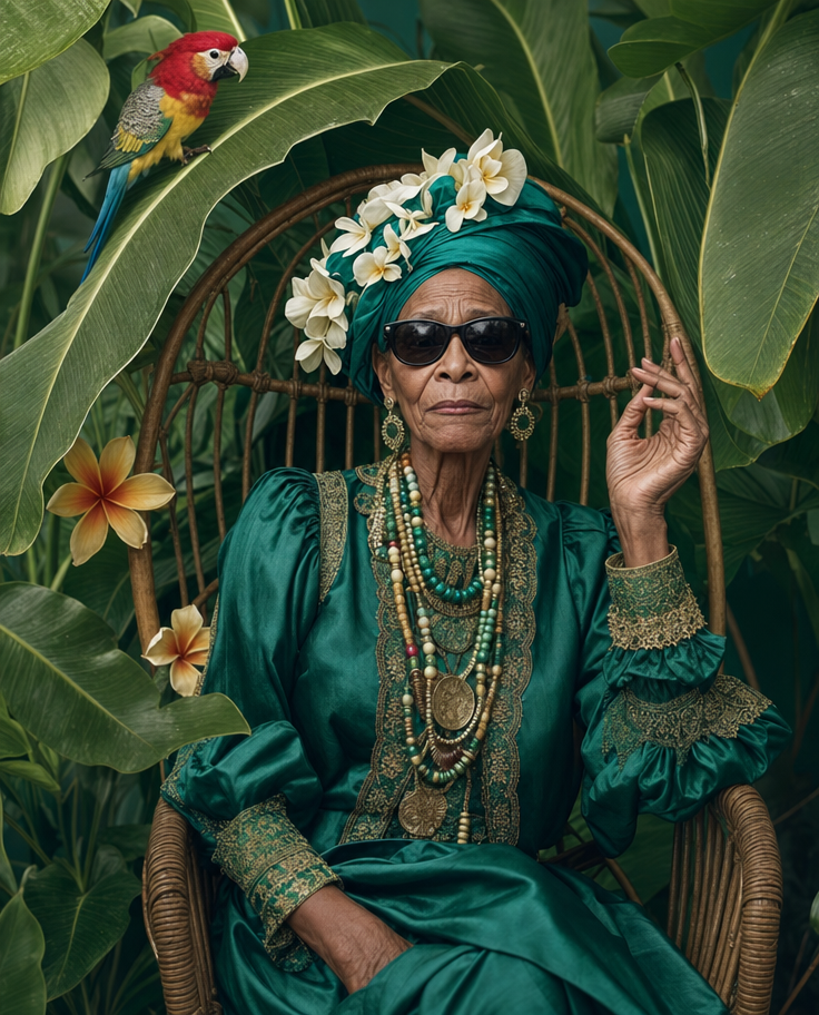 Elderly Woman in Emerald Silk Dress with Teal Headwrap
