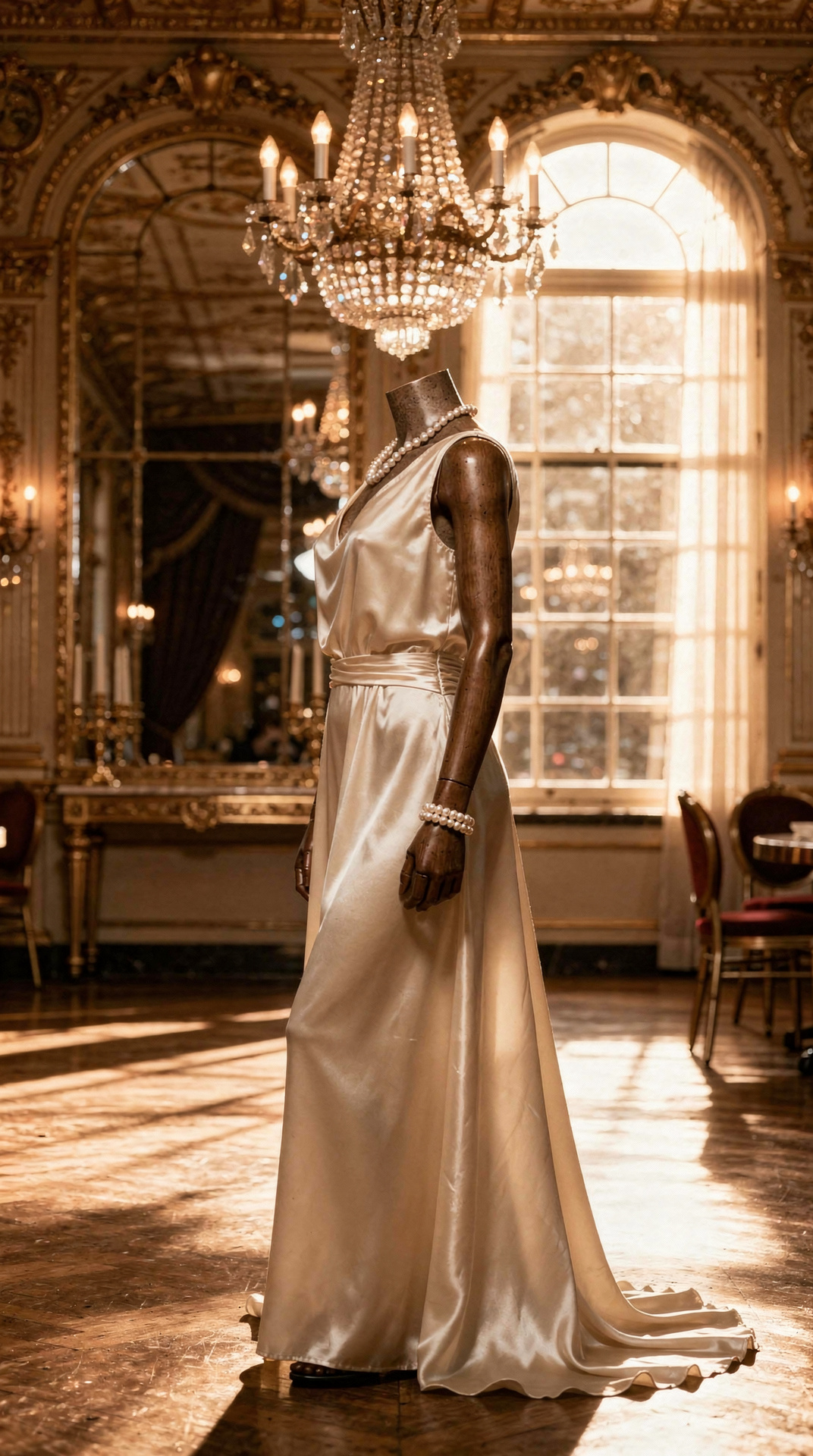 Elegant mannequin in golden ballroom light