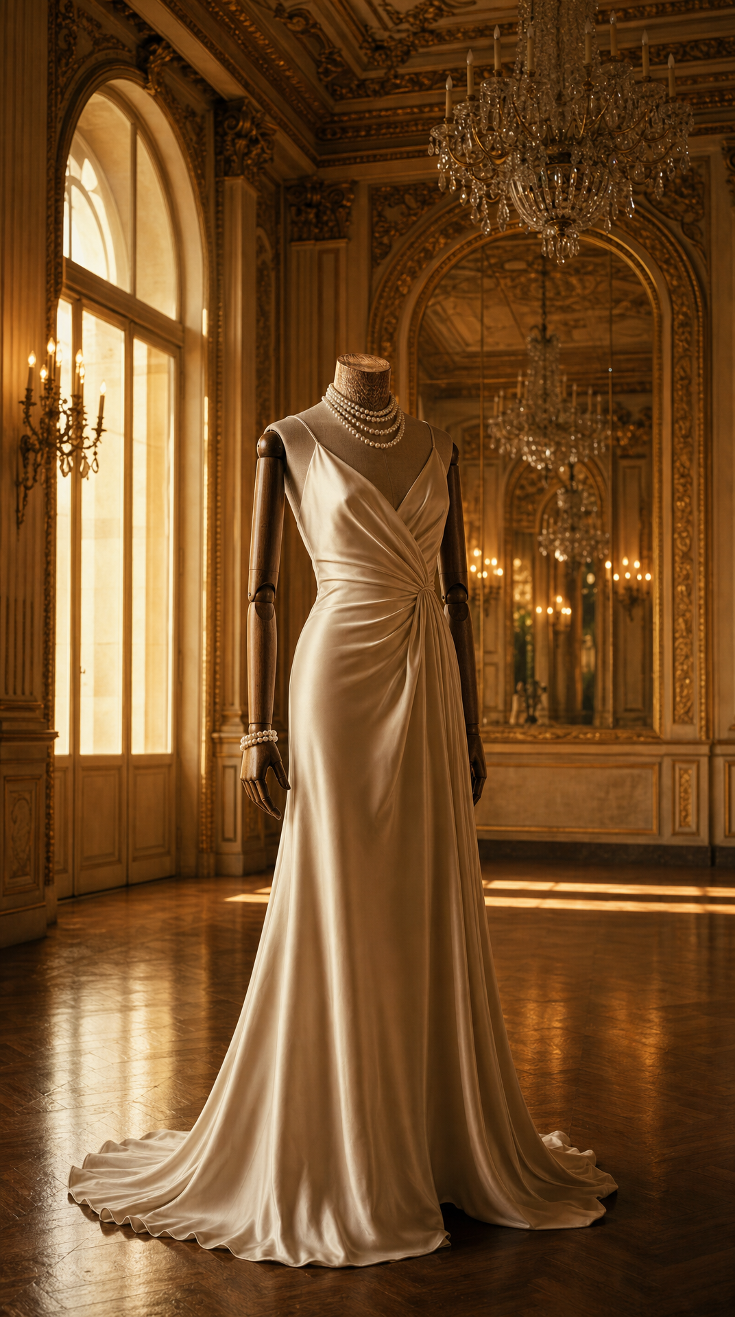 Elegant mannequin in golden ballroom light