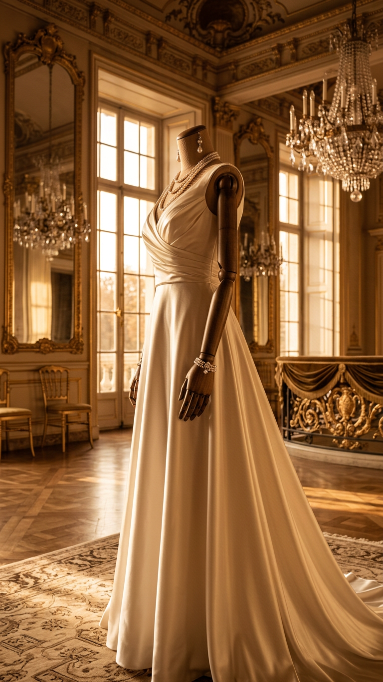 Elegant mannequin in golden ballroom light