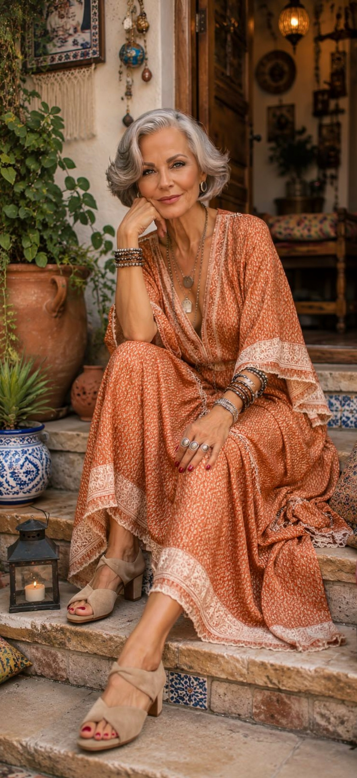 Elegant Older Woman in Sunlit Courtyard