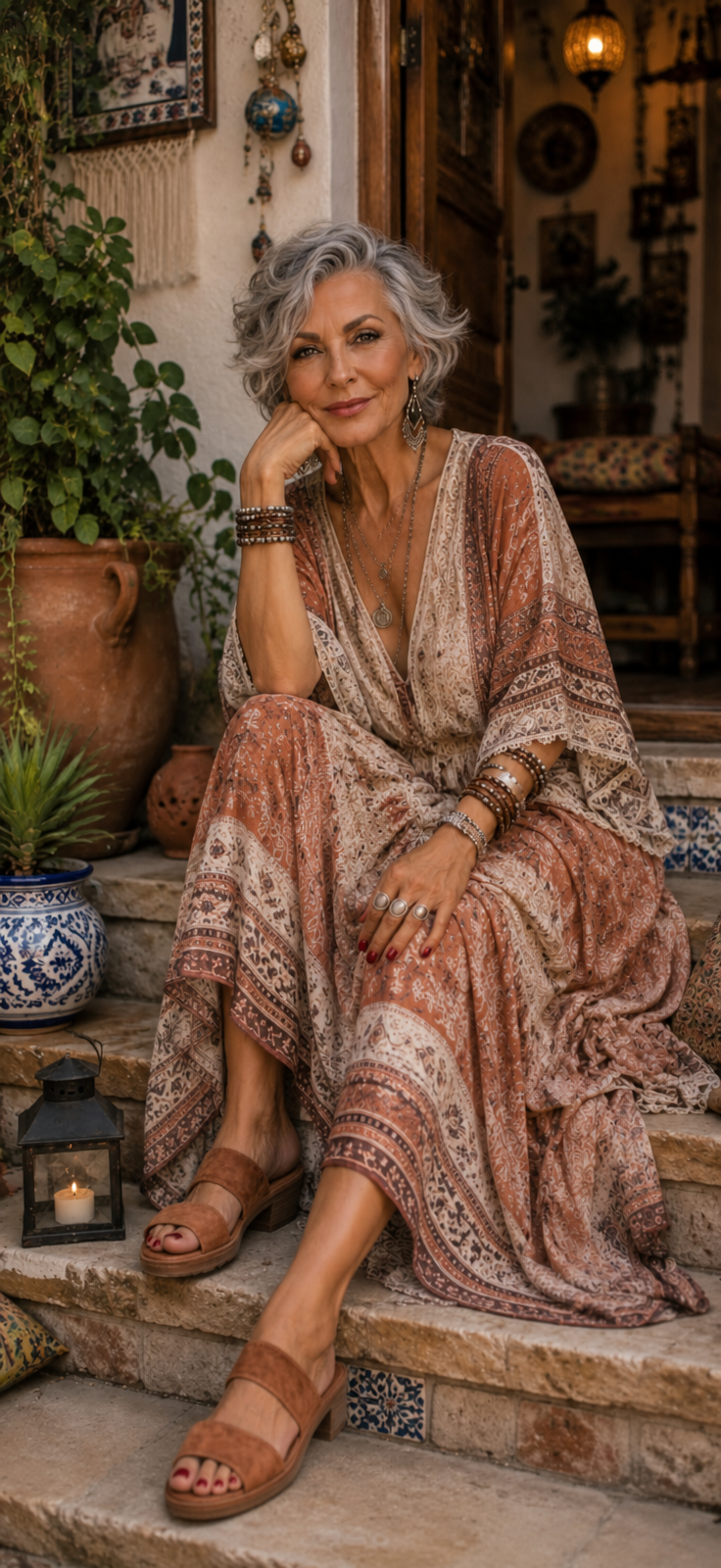 Elegant Older Woman in Sunlit Courtyard — gpt-image-2