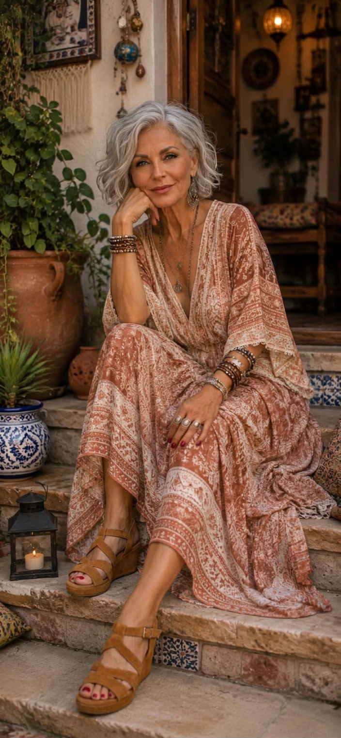 Elegant Older Woman in Sunlit Courtyard