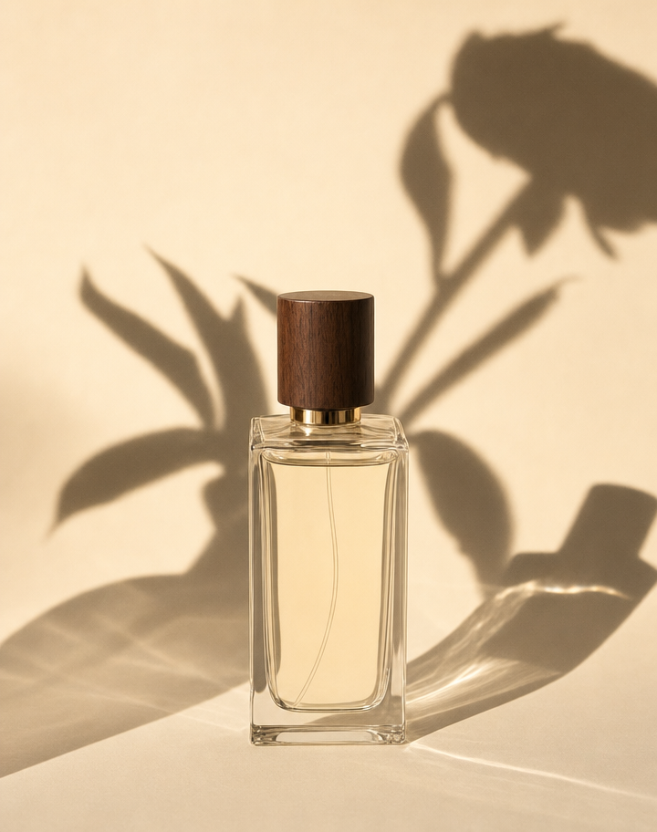 Elegant perfume bottle in warm light