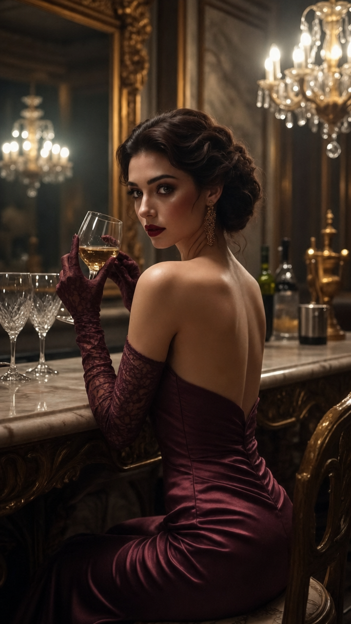 Elegant Woman in Burgundy Satin Wine Bar Gown