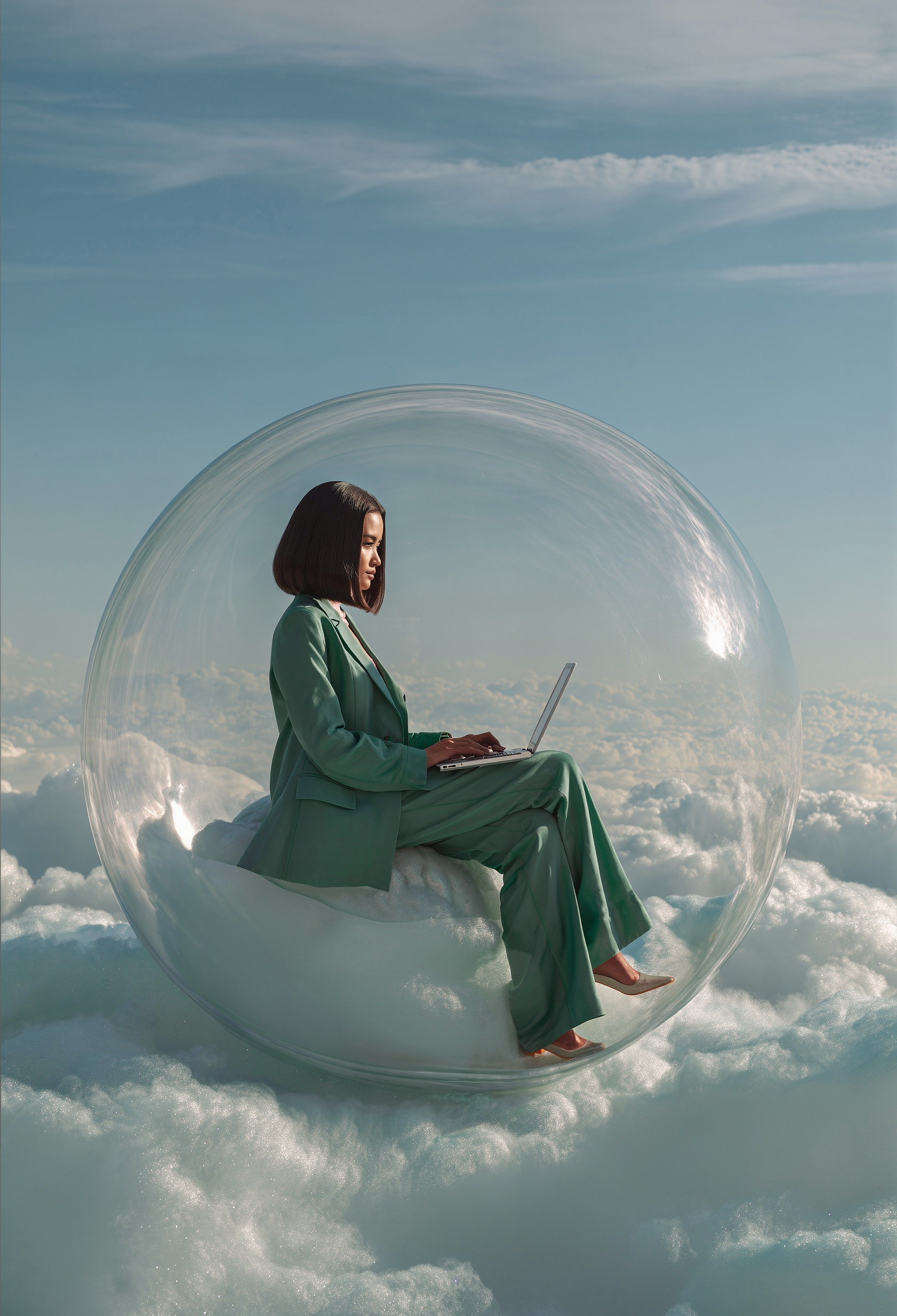 Elegant woman in emerald suit inside glass bubble