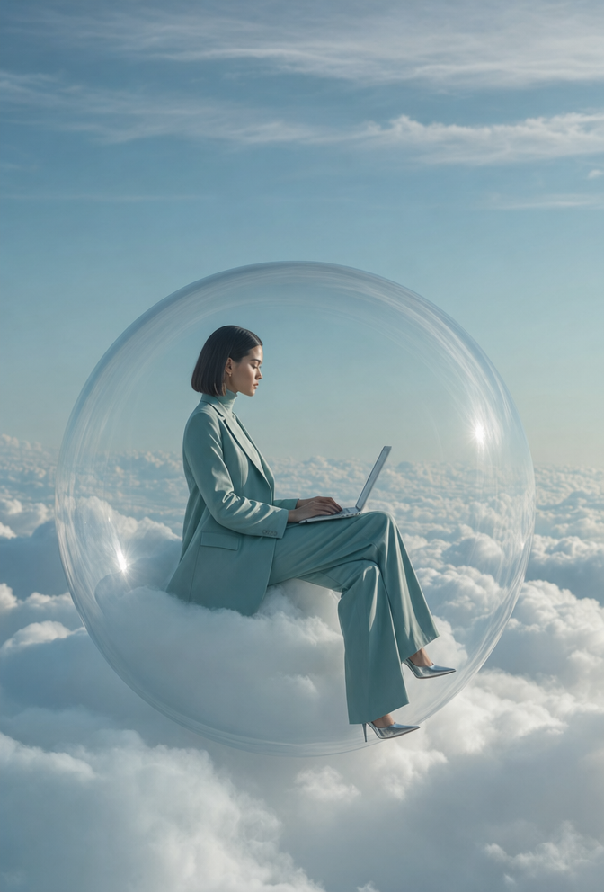 Elegant woman in emerald suit inside glass bubble