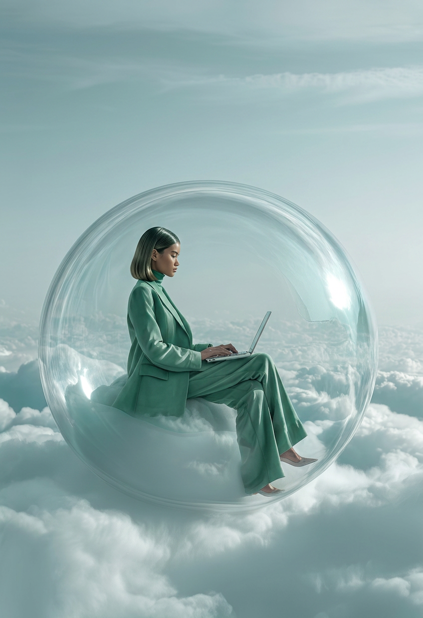Elegant woman in emerald suit inside glass bubble
