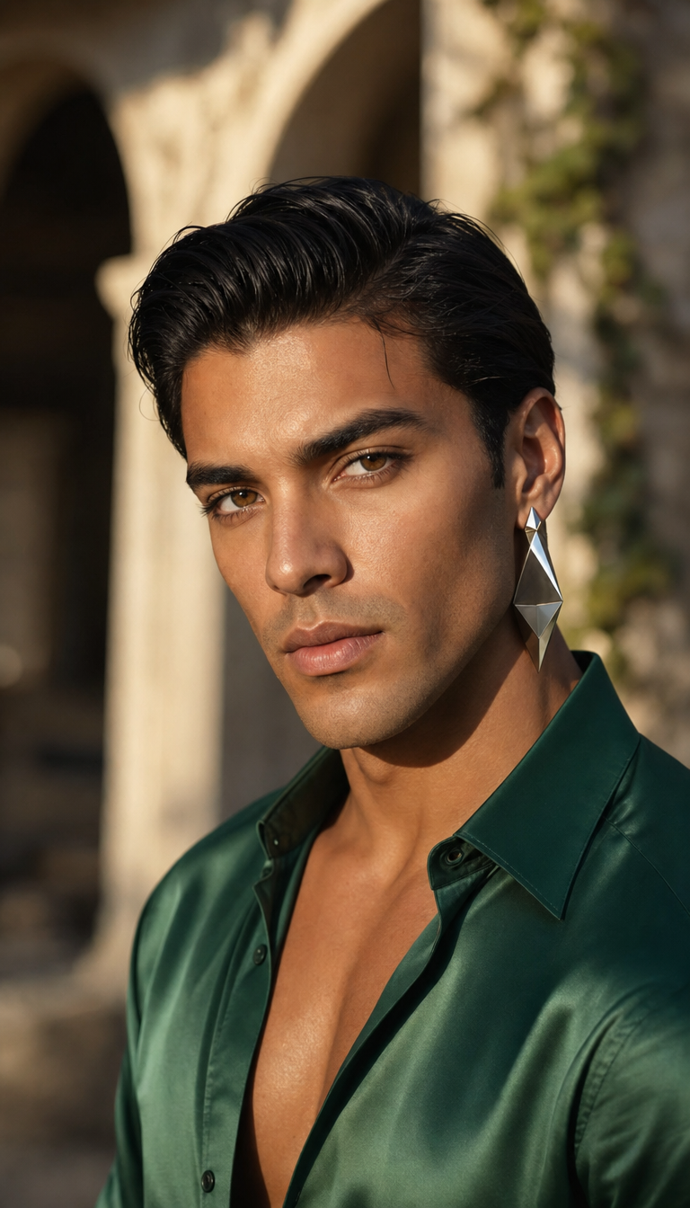Confident Man in Emerald Shirt with Silver Pendant