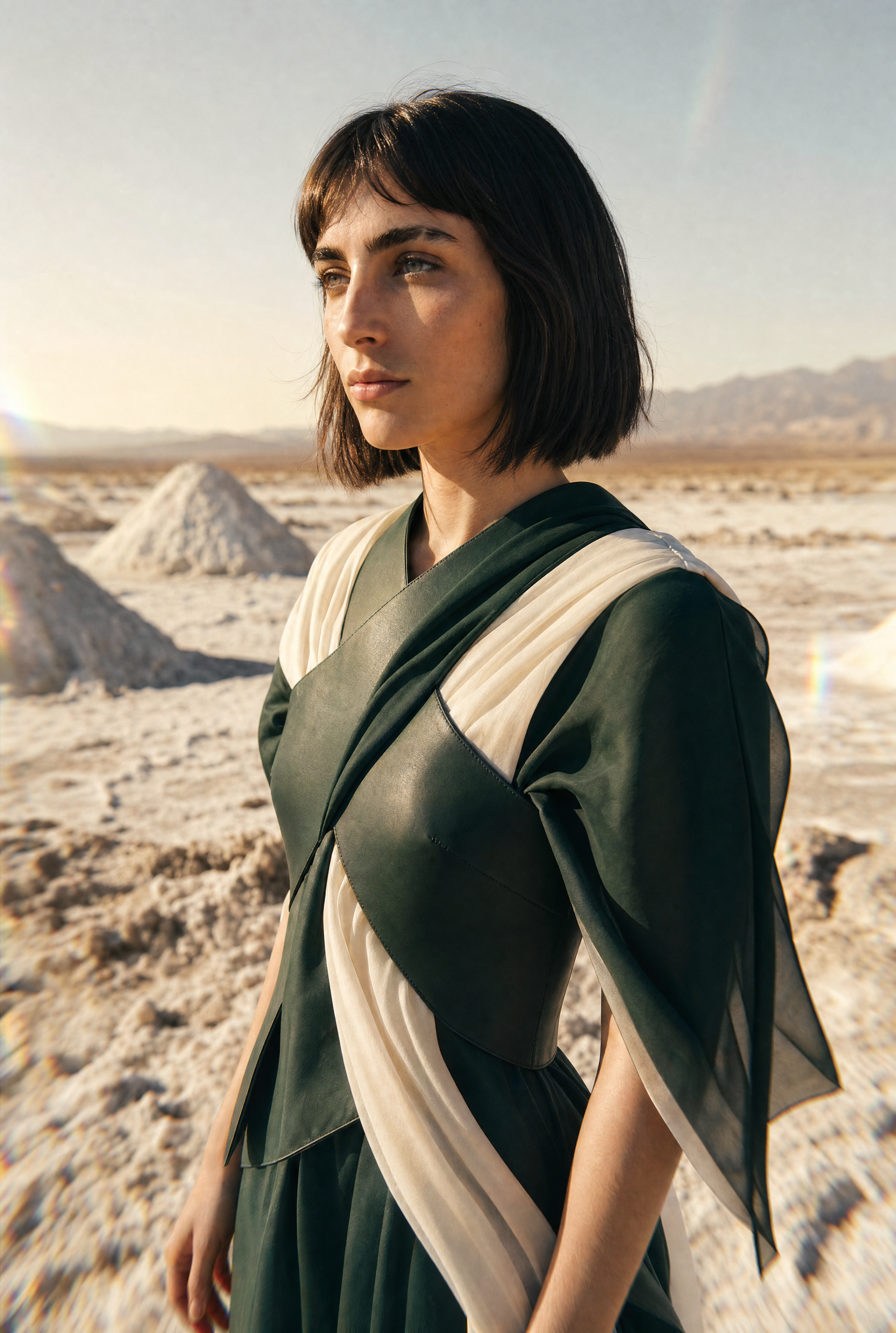 Emerald-and-ivory desert fashion portrait