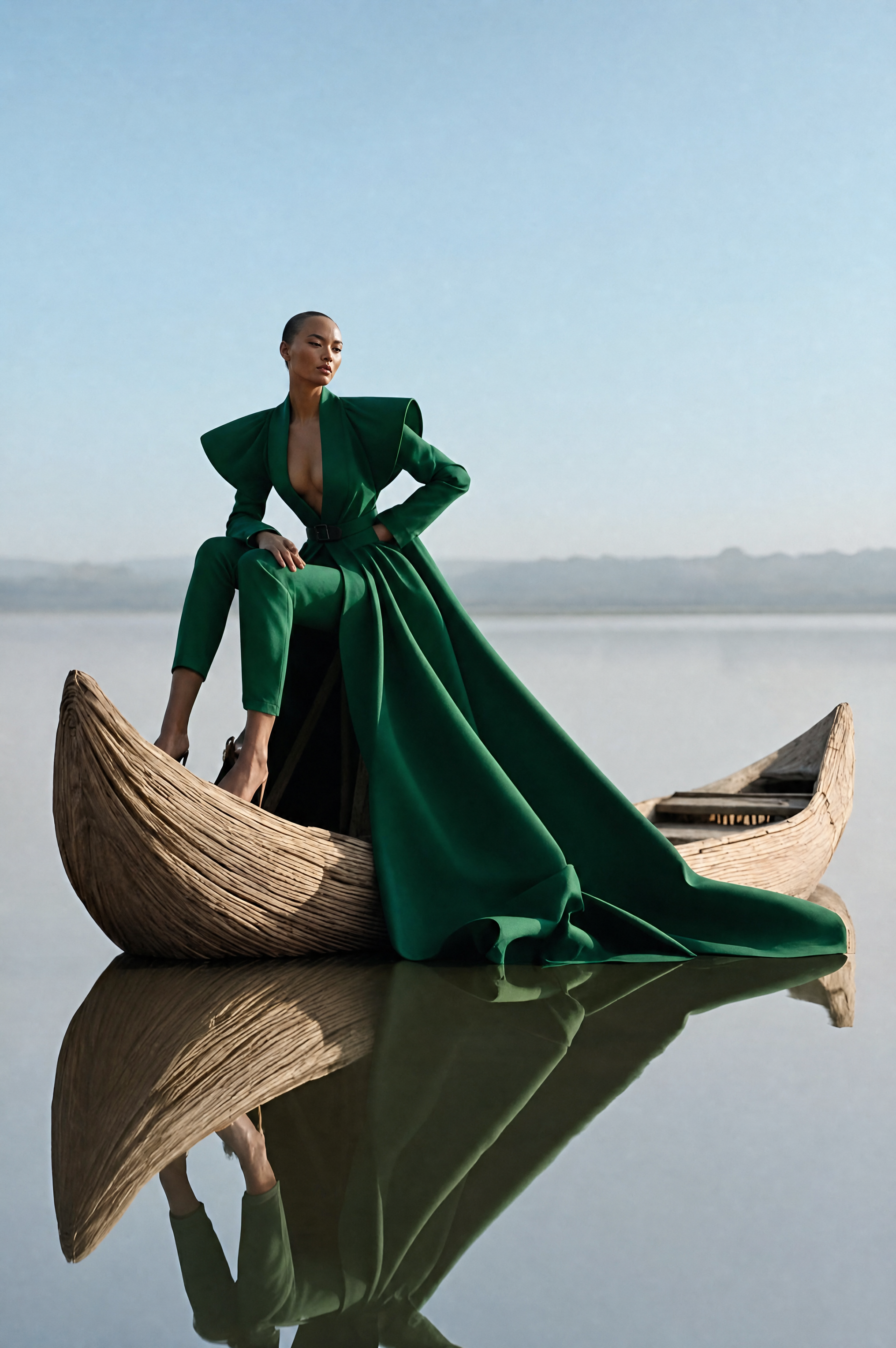 Emerald couture gown model on curved wooden boat