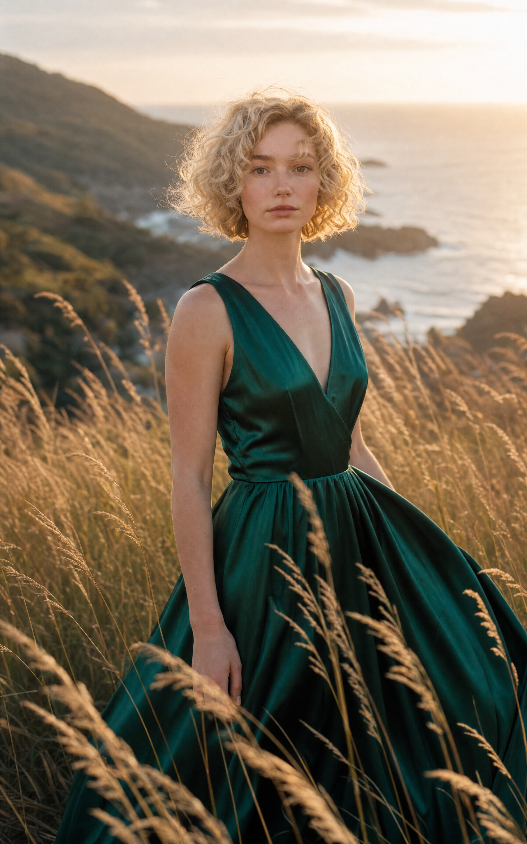 Emerald dress in coastal golden grasses