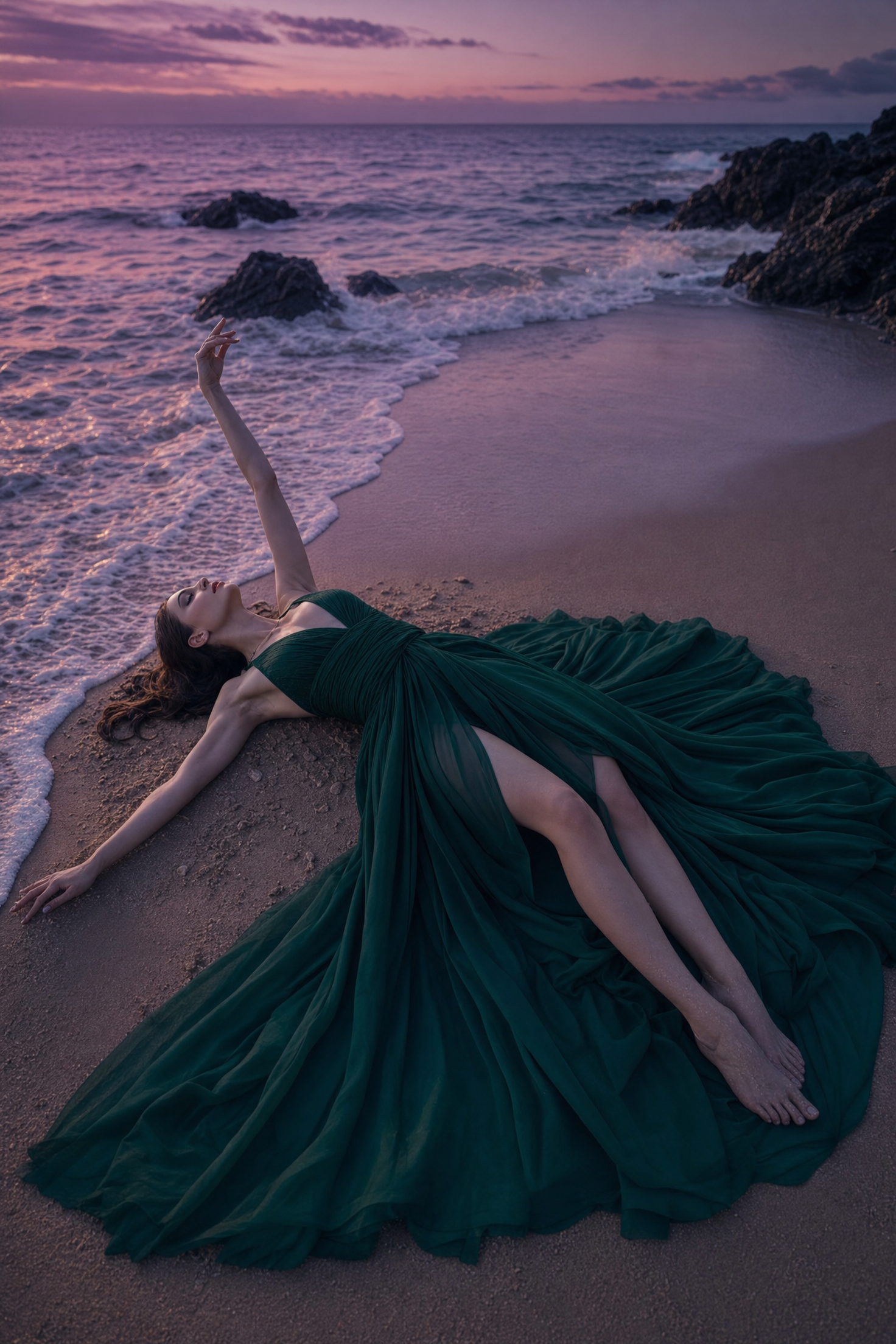 Emerald Dusk Beach Fashion Editorial