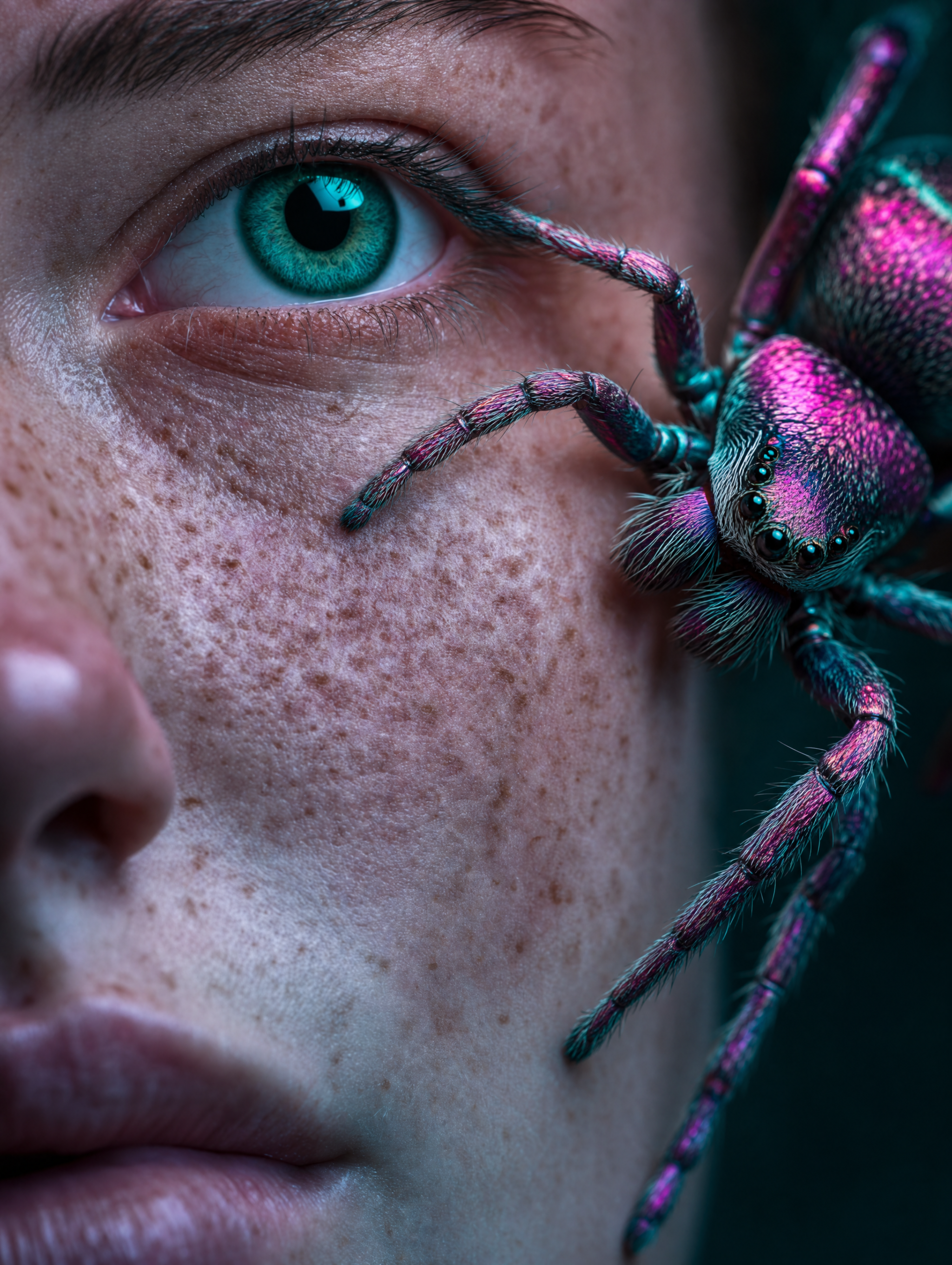 Emerald-eyed woman and iridescent spider