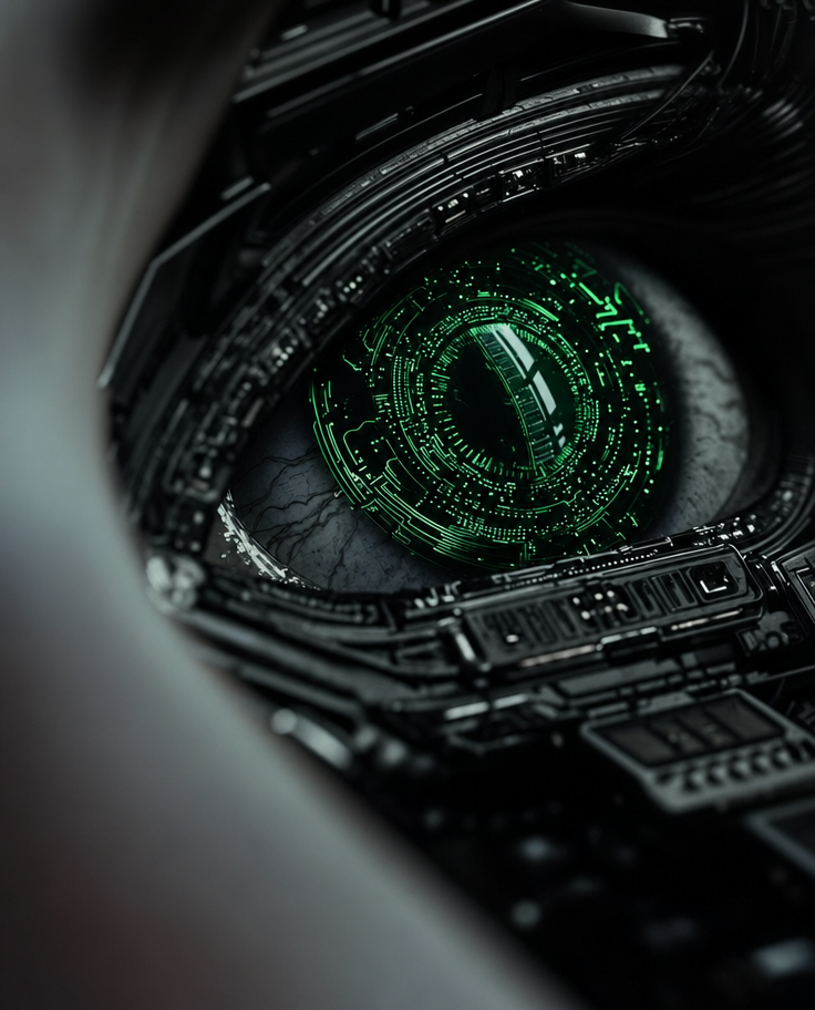 Emerald-Iris Cybernetic Eye Close-Up