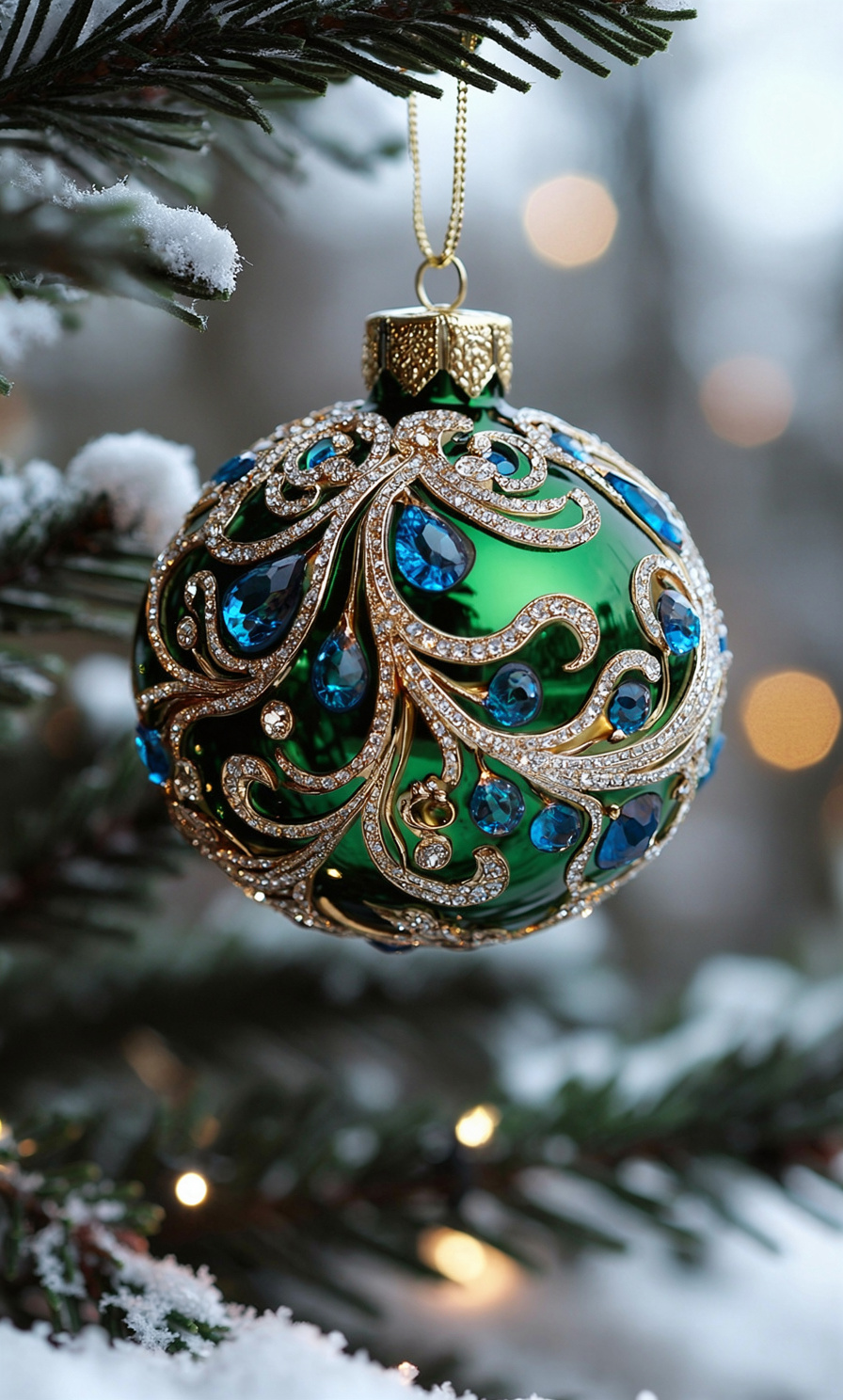 Emerald jeweled Christmas ornament with blue gems
