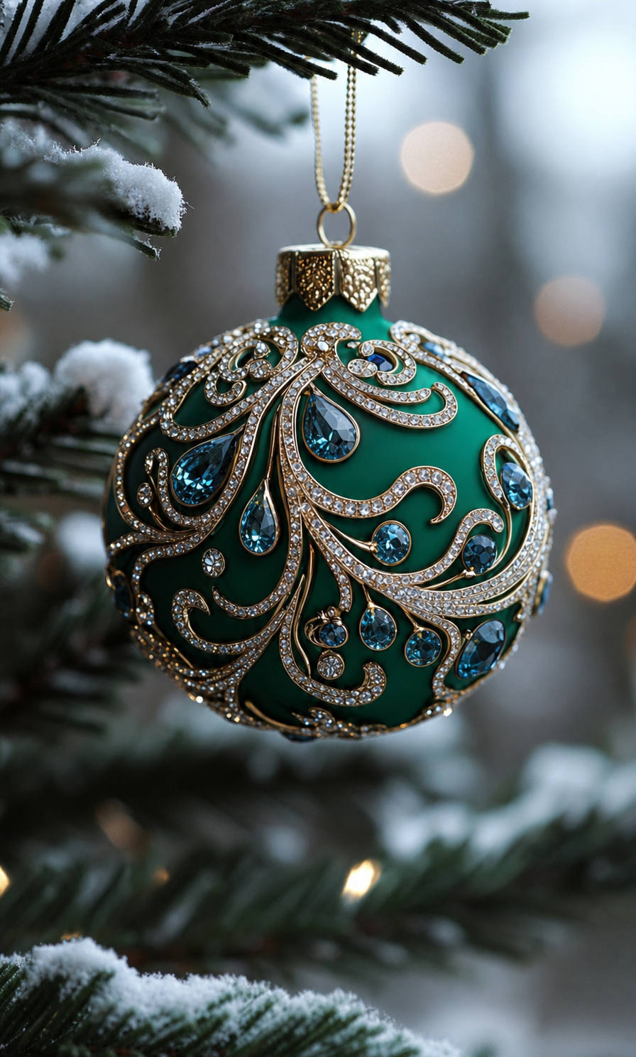Emerald jeweled Christmas ornament with blue gems