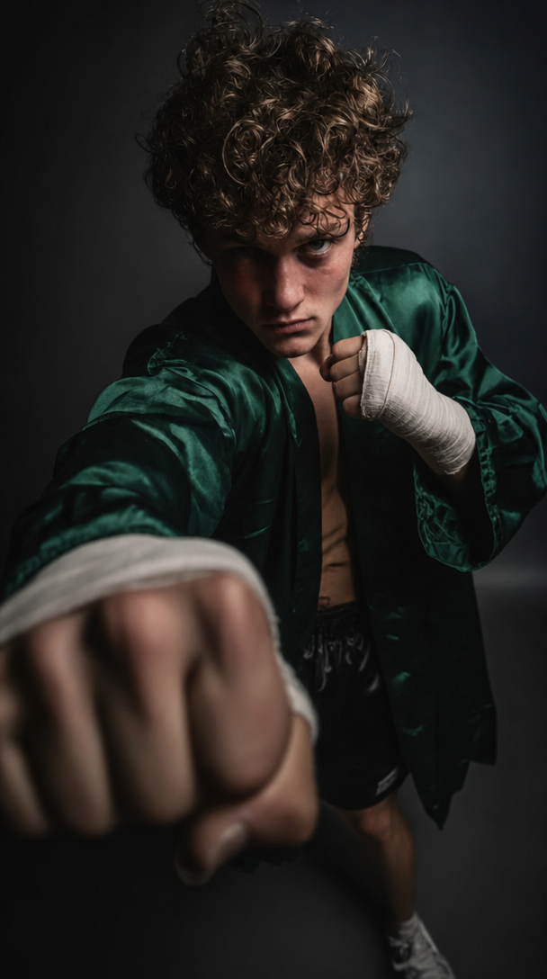 Emerald-robed boxer lunges toward lens