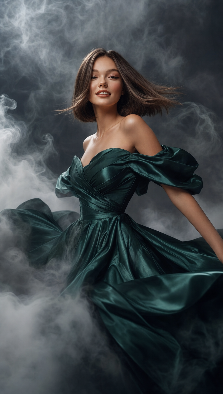 Emerald satin editorial with mist
