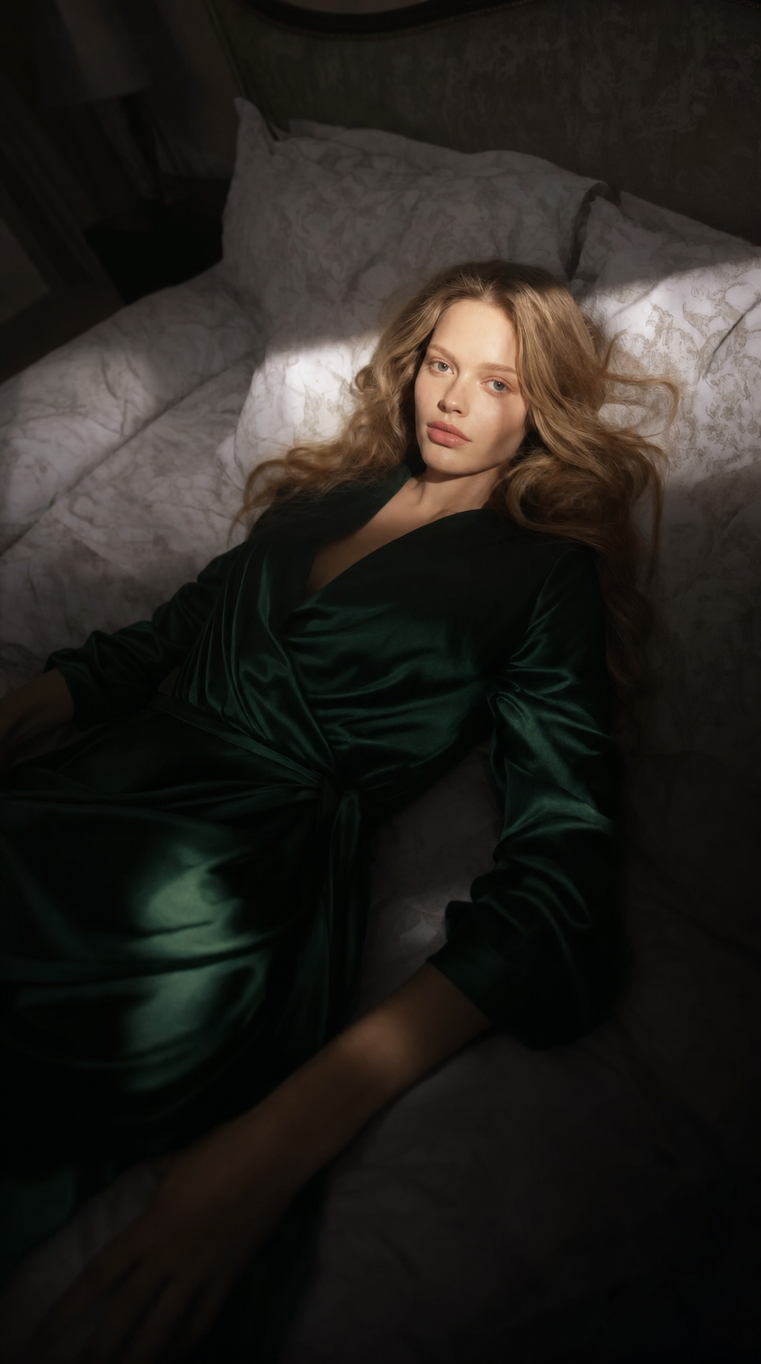Emerald-satin luxury bedside portrait