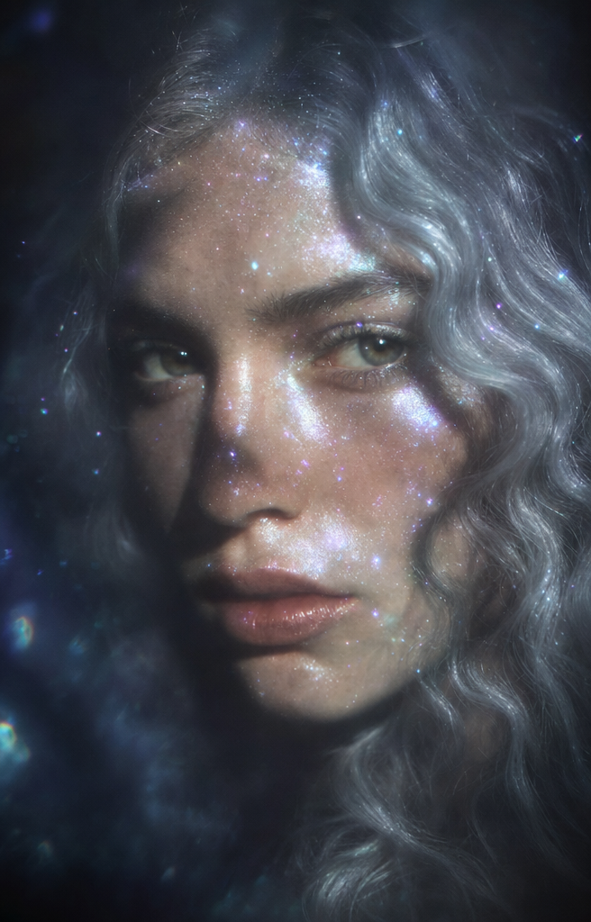 Fairy woman with silver wavy hair and violet glow