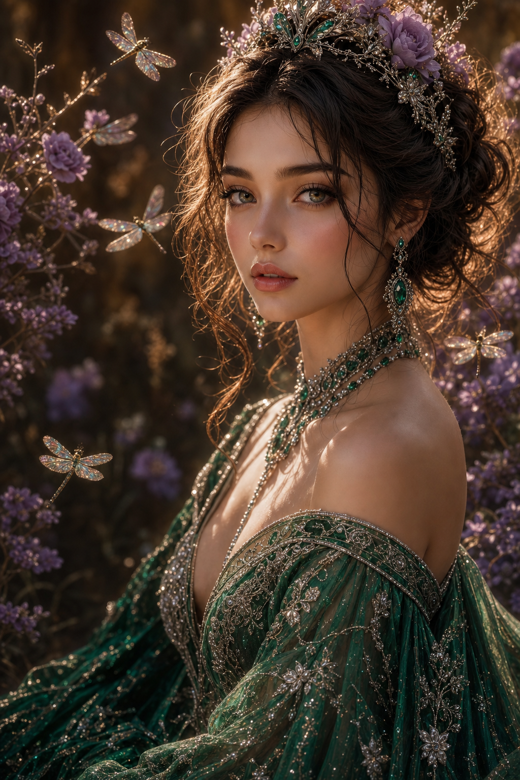 Emerald-robed queen in amber twilight glow