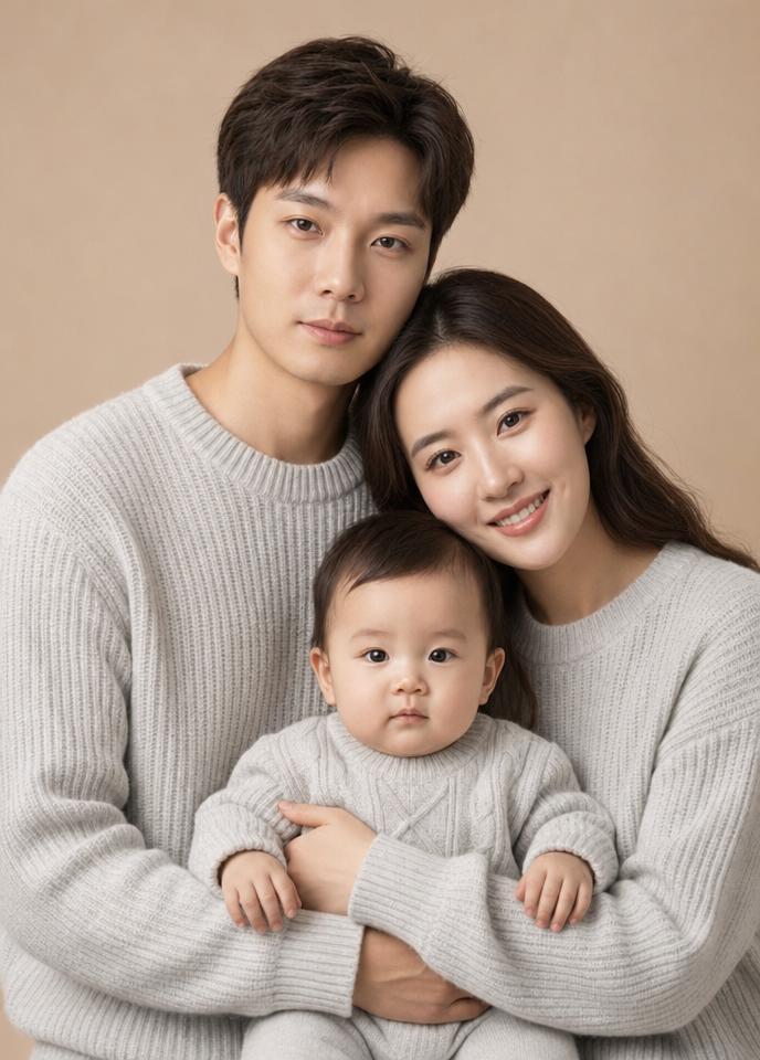 Father without glasses in light gray knit sweaters
